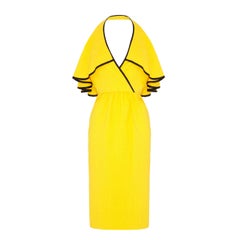 1970s Mollie Parnis Yellow & Black Halterneck Ruffle Dress