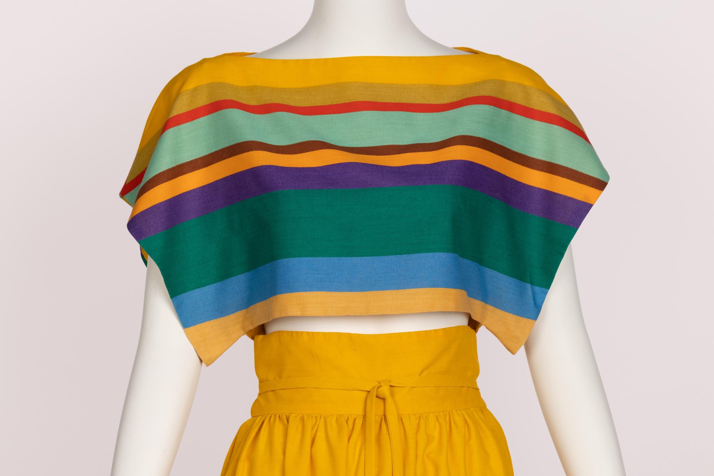 1970s Mollie Parnis Yellow Striped Crop Top Bralette Maxi Skirt Set 6