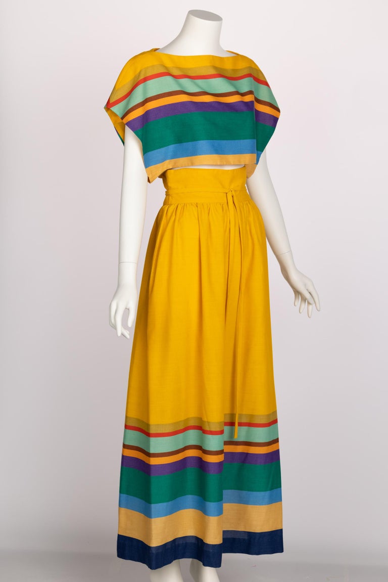 1970s Mollie Parnis Yellow Striped Crop Top Bralette Maxi Skirt