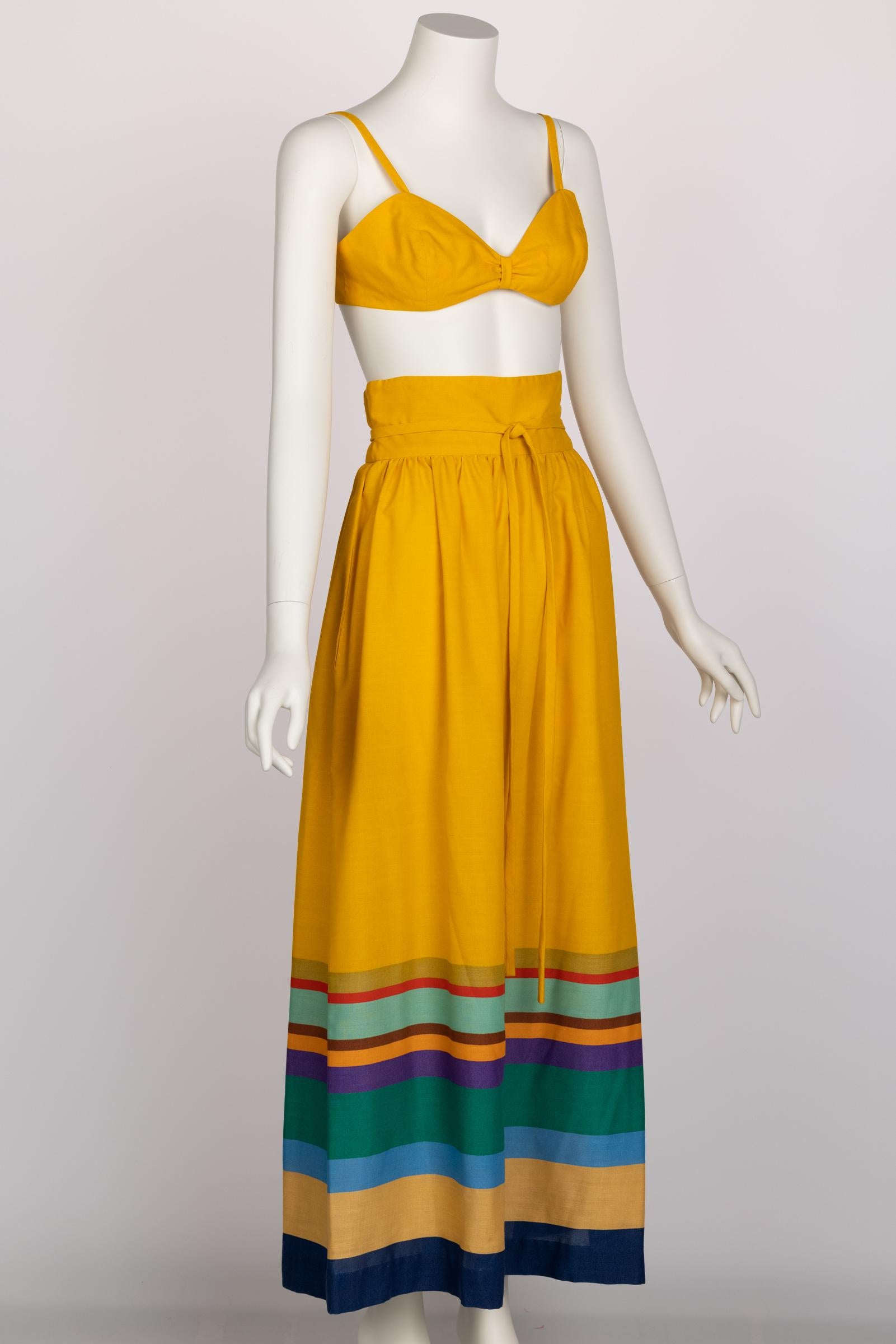 1970s Mollie Parnis Yellow Striped Crop Top Bralette Maxi Skirt Set 1