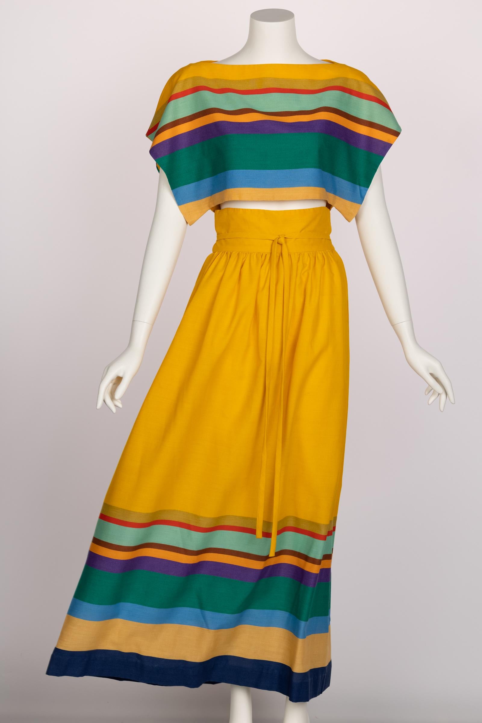 1970s Mollie Parnis Yellow Striped Crop Top Bralette Maxi Skirt Set 2