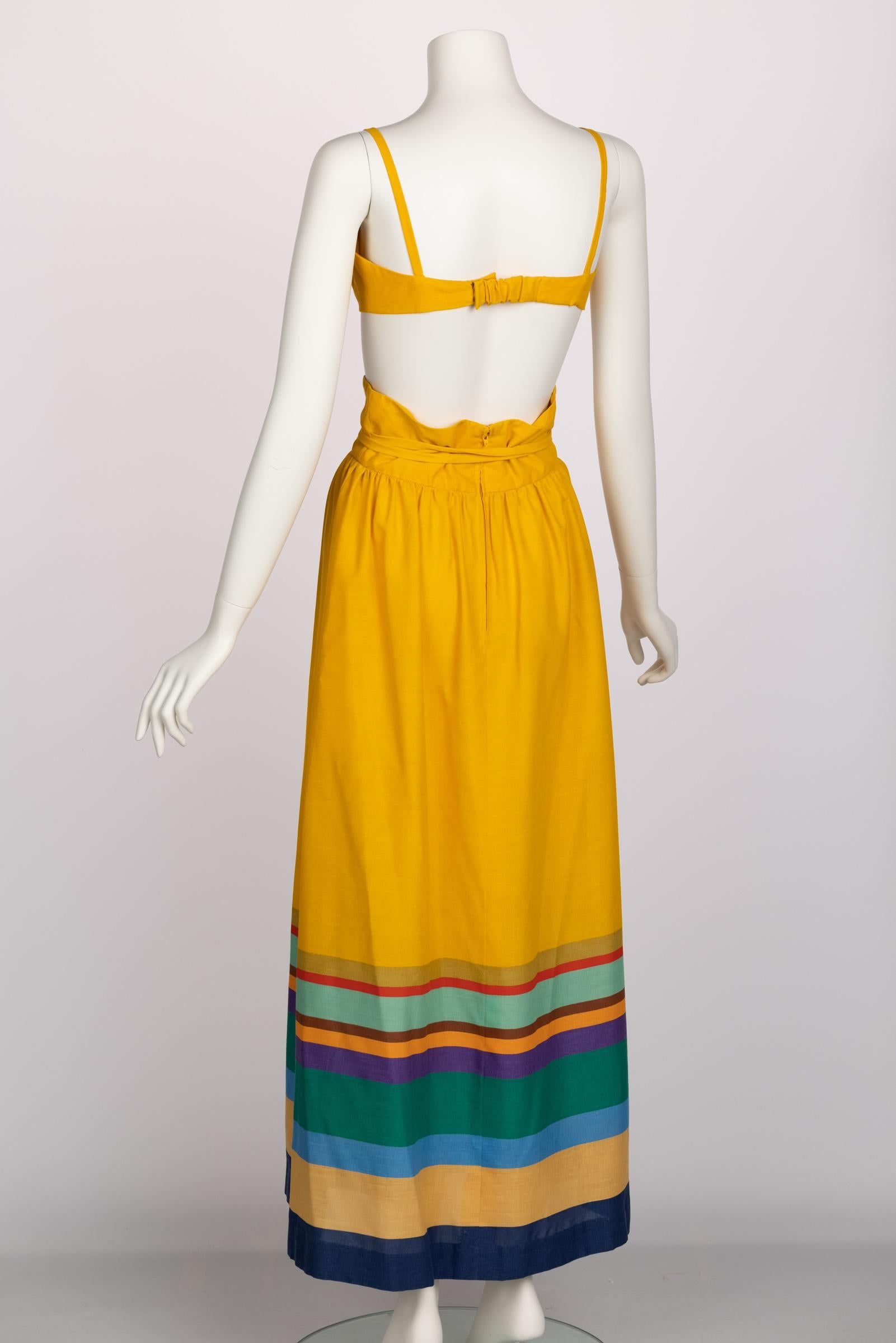 1970s Mollie Parnis Yellow Striped Crop Top Bralette Maxi Skirt Set 3