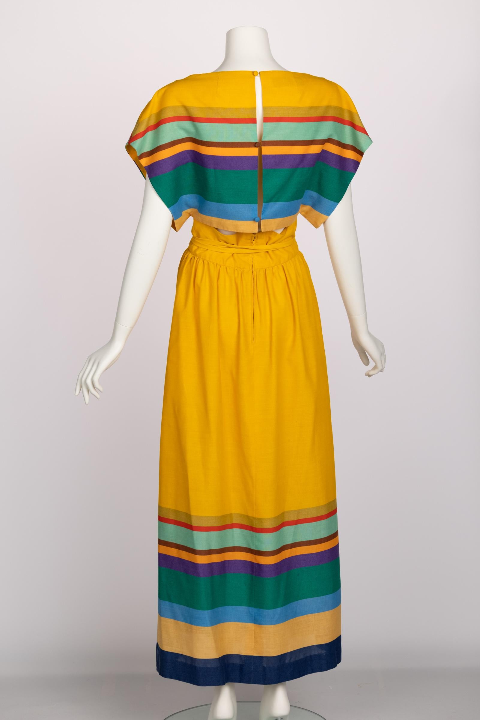 1970s Mollie Parnis Yellow Striped Crop Top Bralette Maxi Skirt Set 4