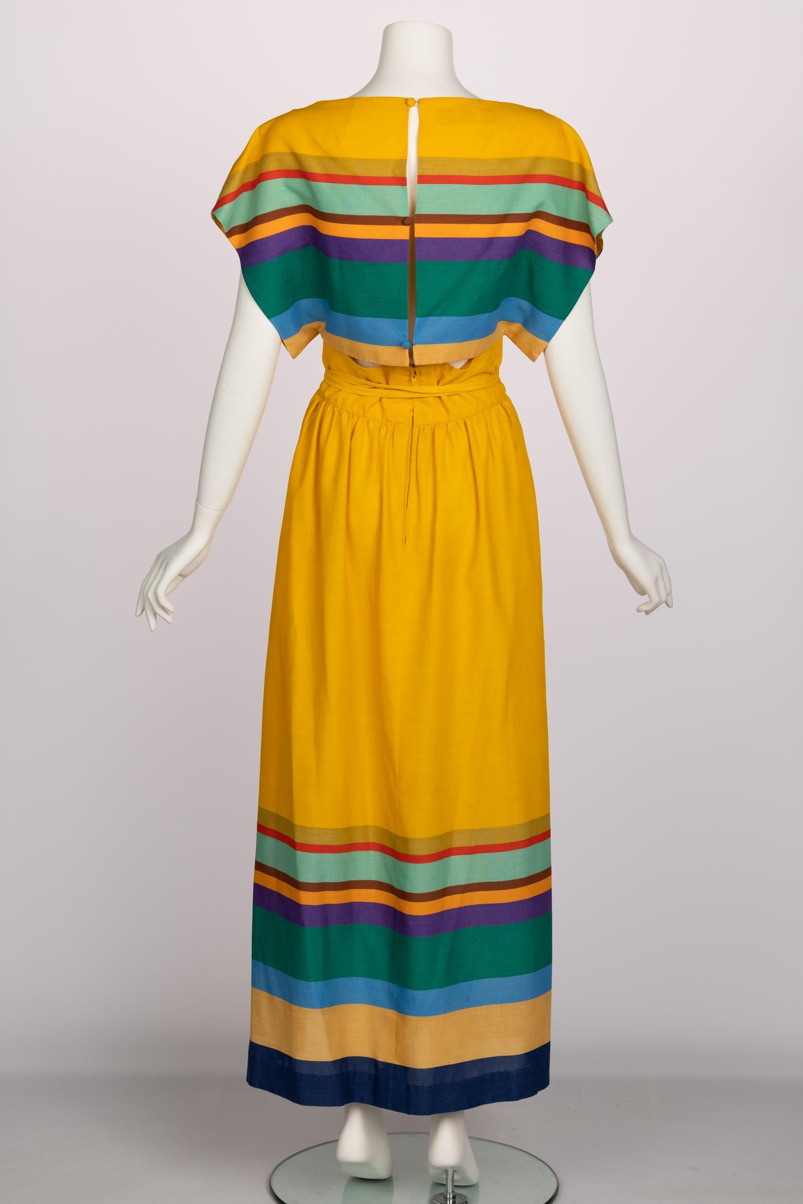 1970s Mollie Parnis Yellow Striped Crop Top Bralette Maxi Skirt Set 5