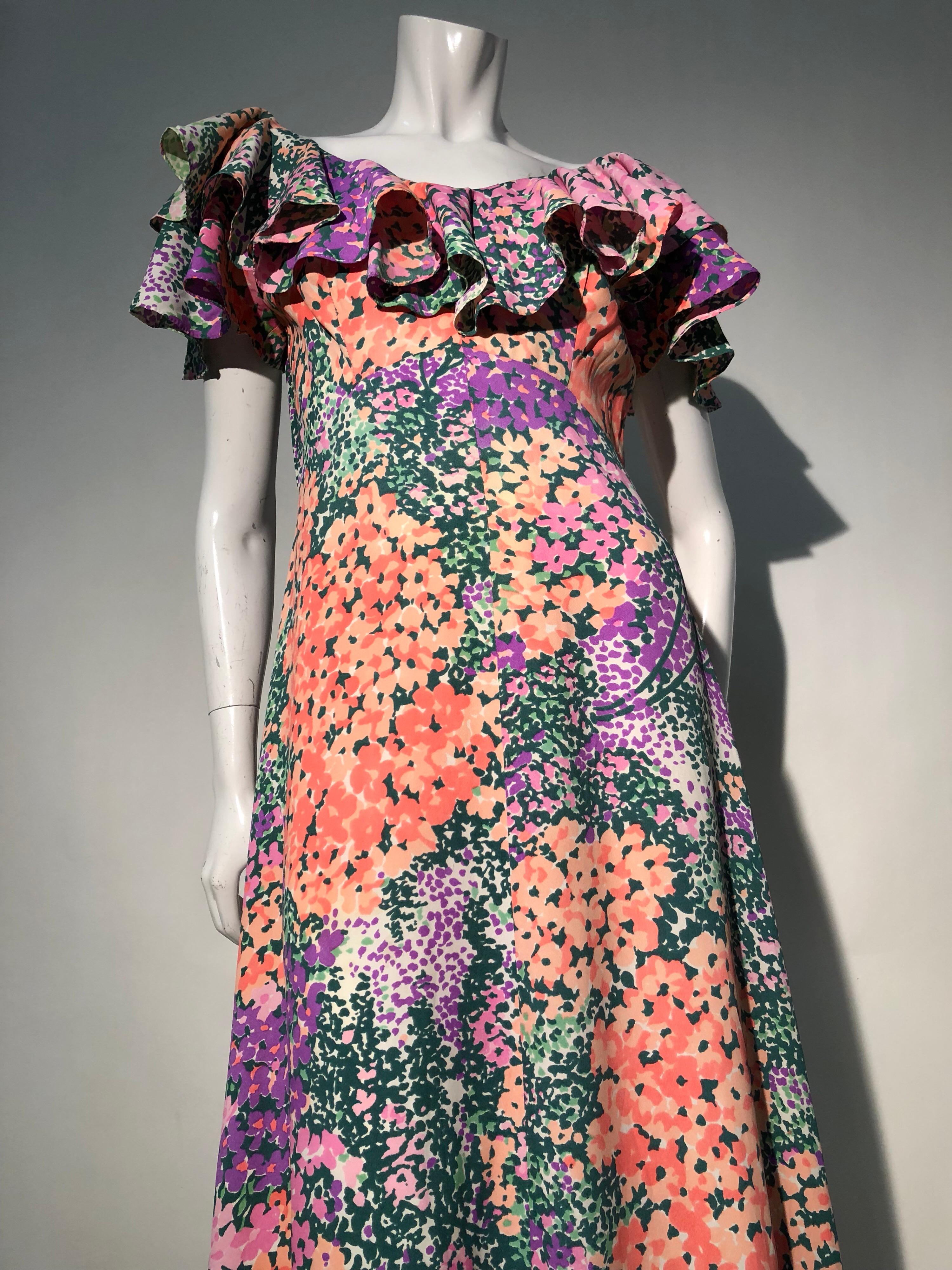 Lilac Lovely Vintage 1970s Handmade Aqua Blue Pink Floral Ruffle Hem Maxi Dress