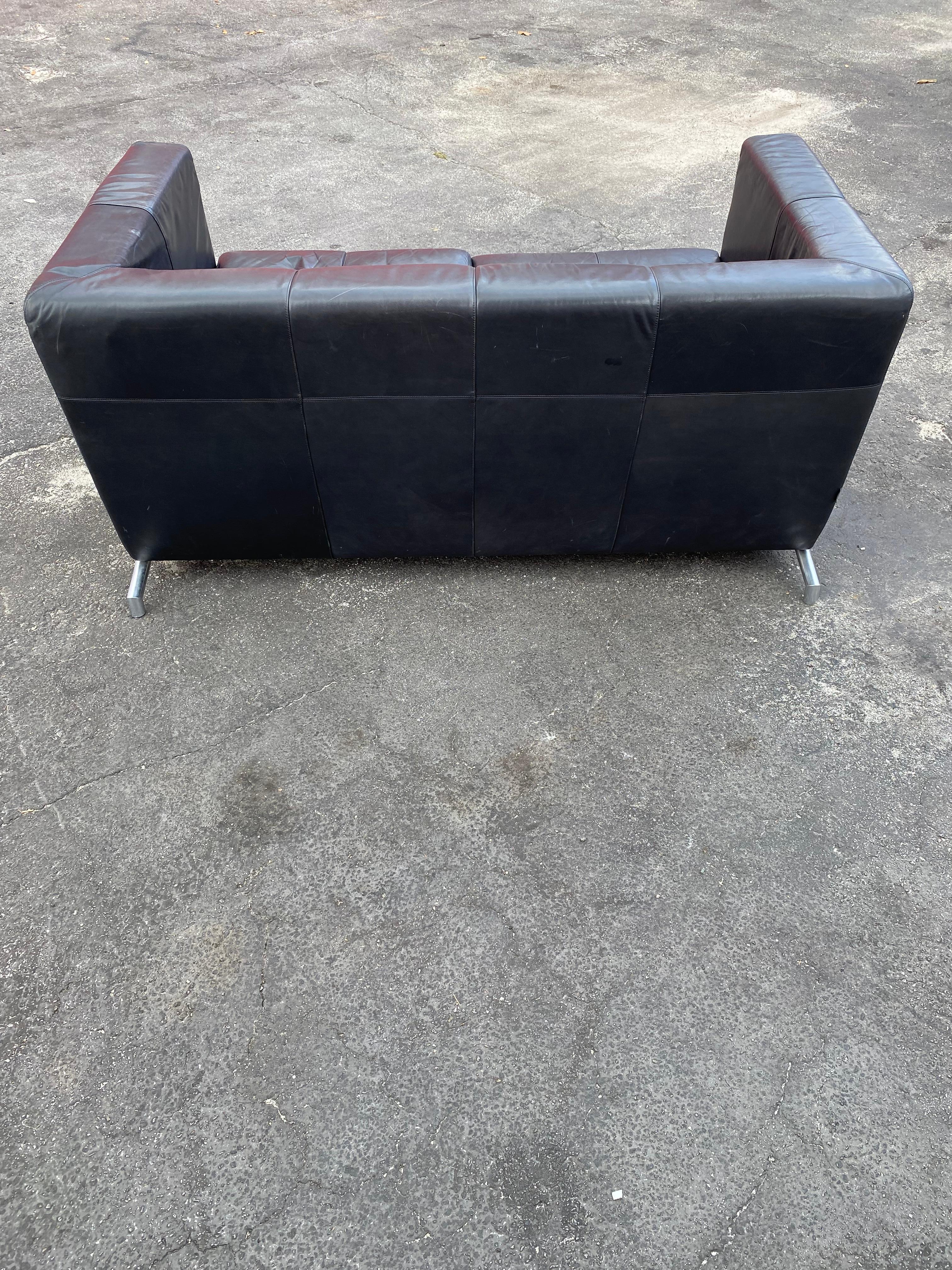 1970s Montis Chrome Black Leather Wegner Style Loveseat Sofa For Sale 5