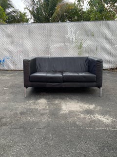 1970s Montis Chrome Black Leather Wegner Style Loveseat Sofa
