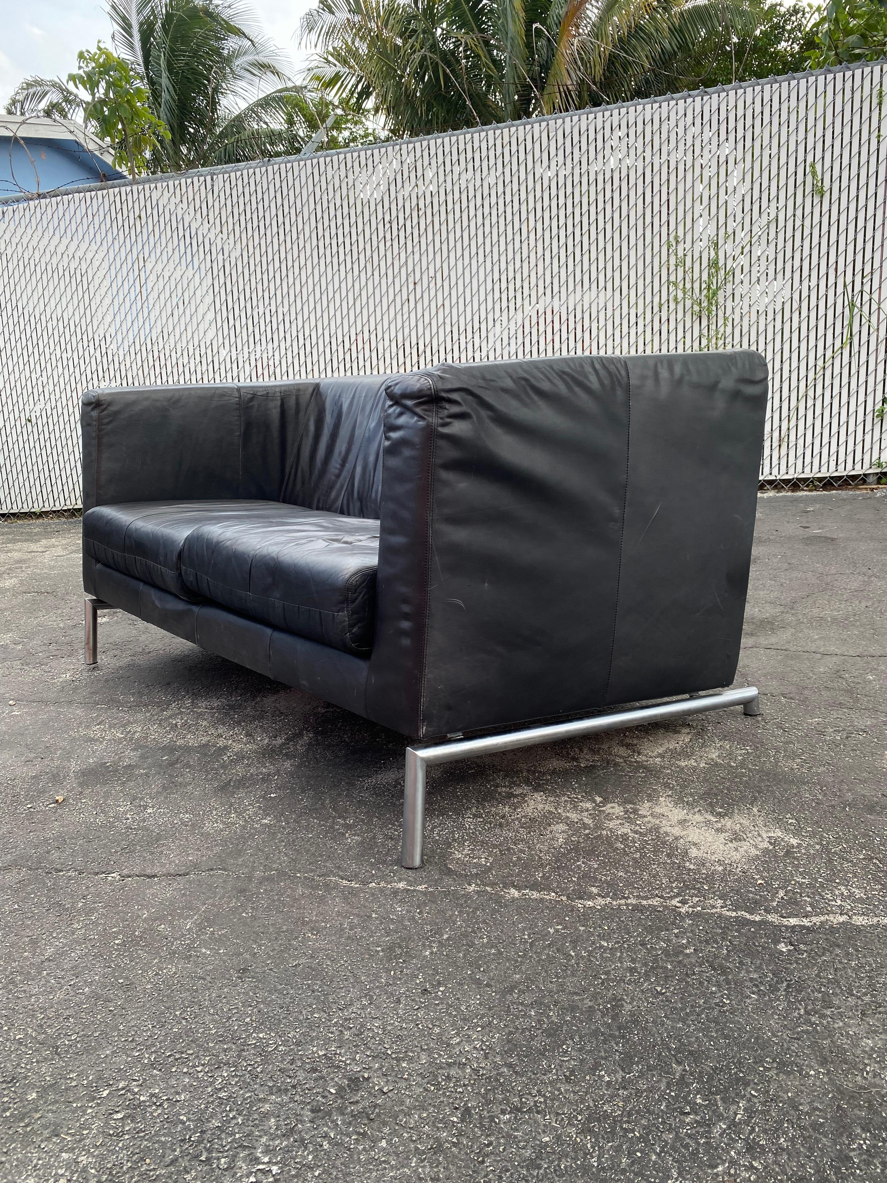 1970s Montis Chrome Black Leather Wegner Style Loveseat Sofa For Sale 1