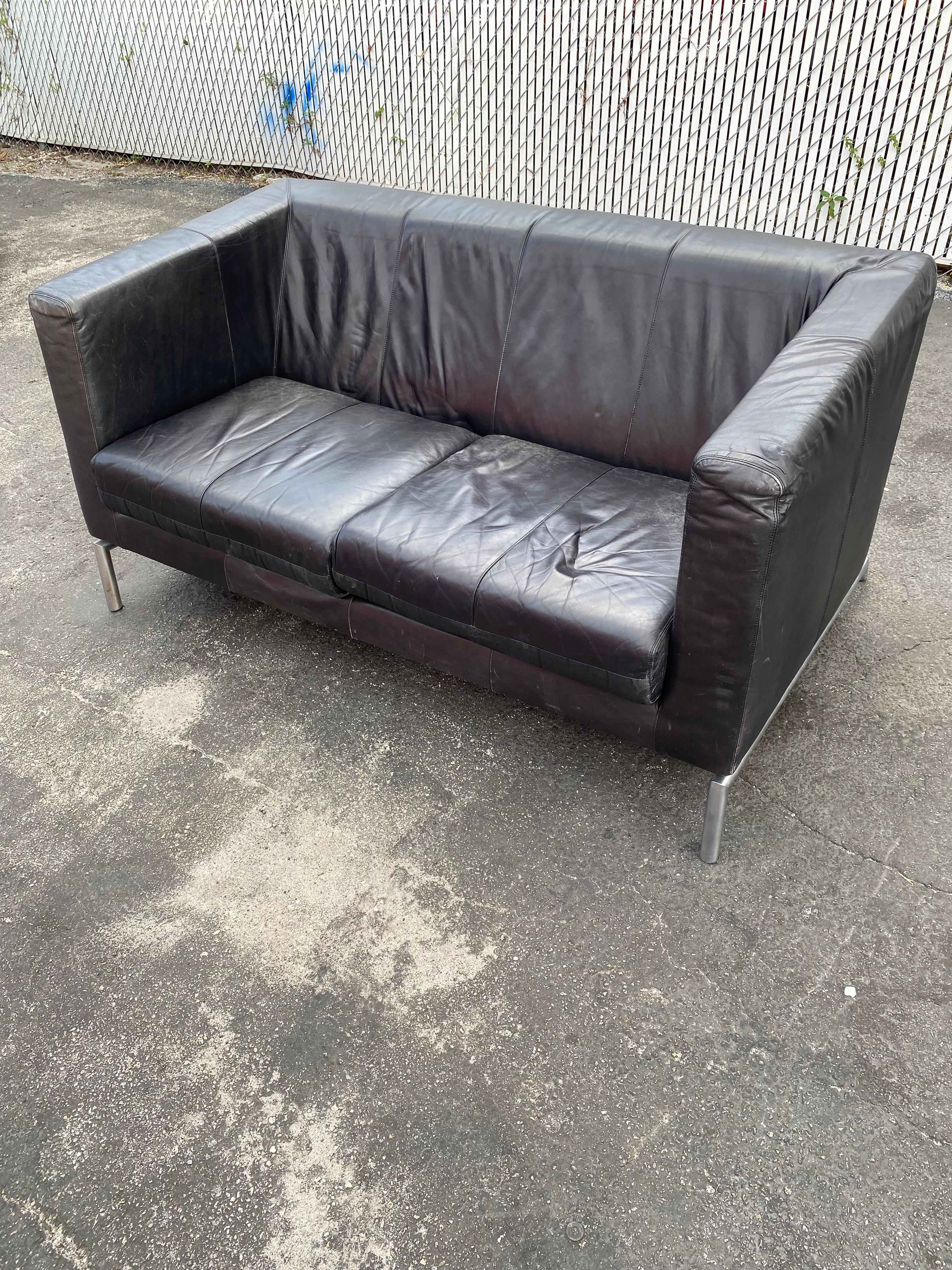 1970s Montis Chrome Black Leather Wegner Style Loveseat Sofa For Sale 2