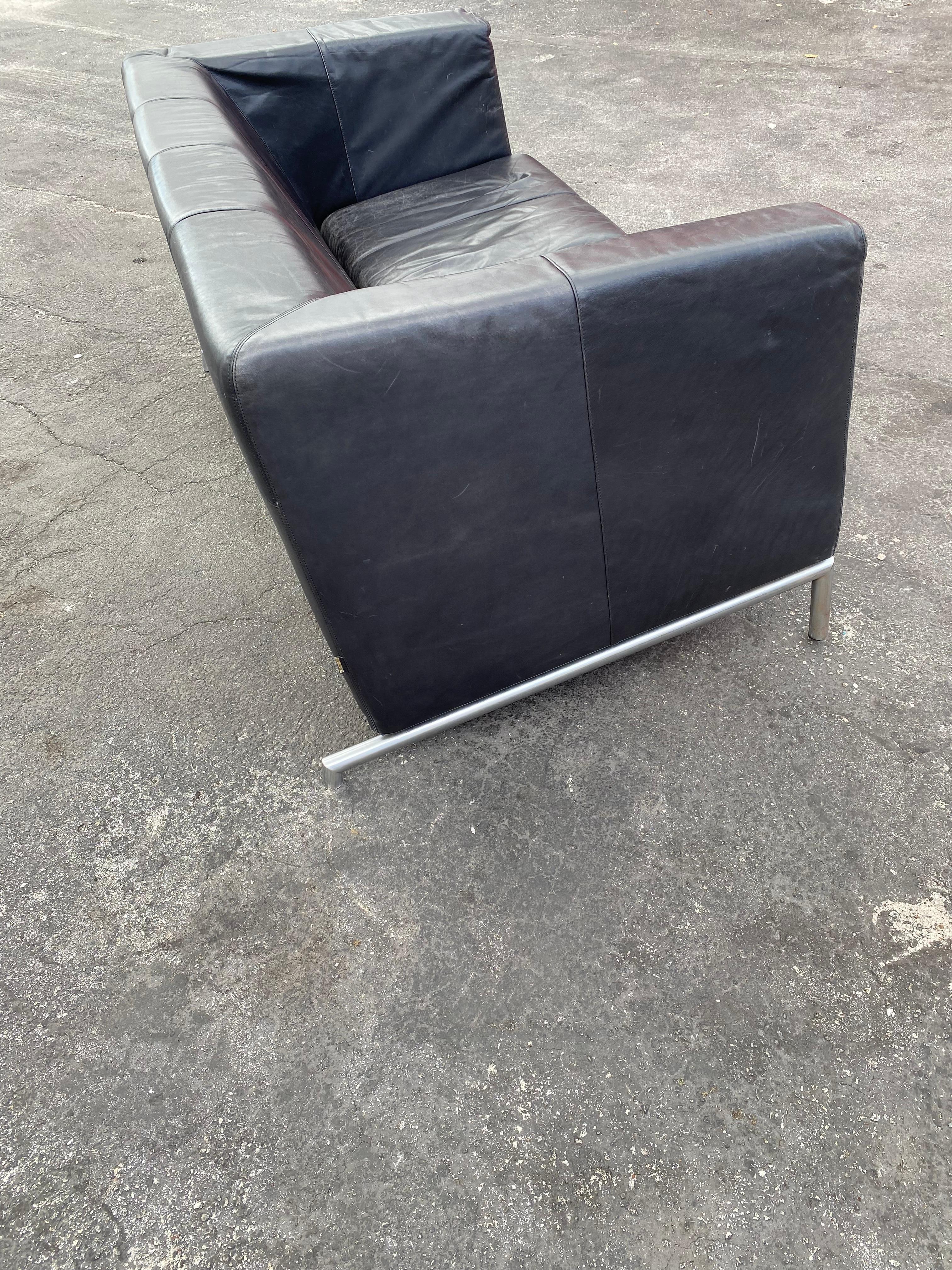 1970s Montis Chrome Black Leather Wegner Style Loveseat Sofa For Sale 4