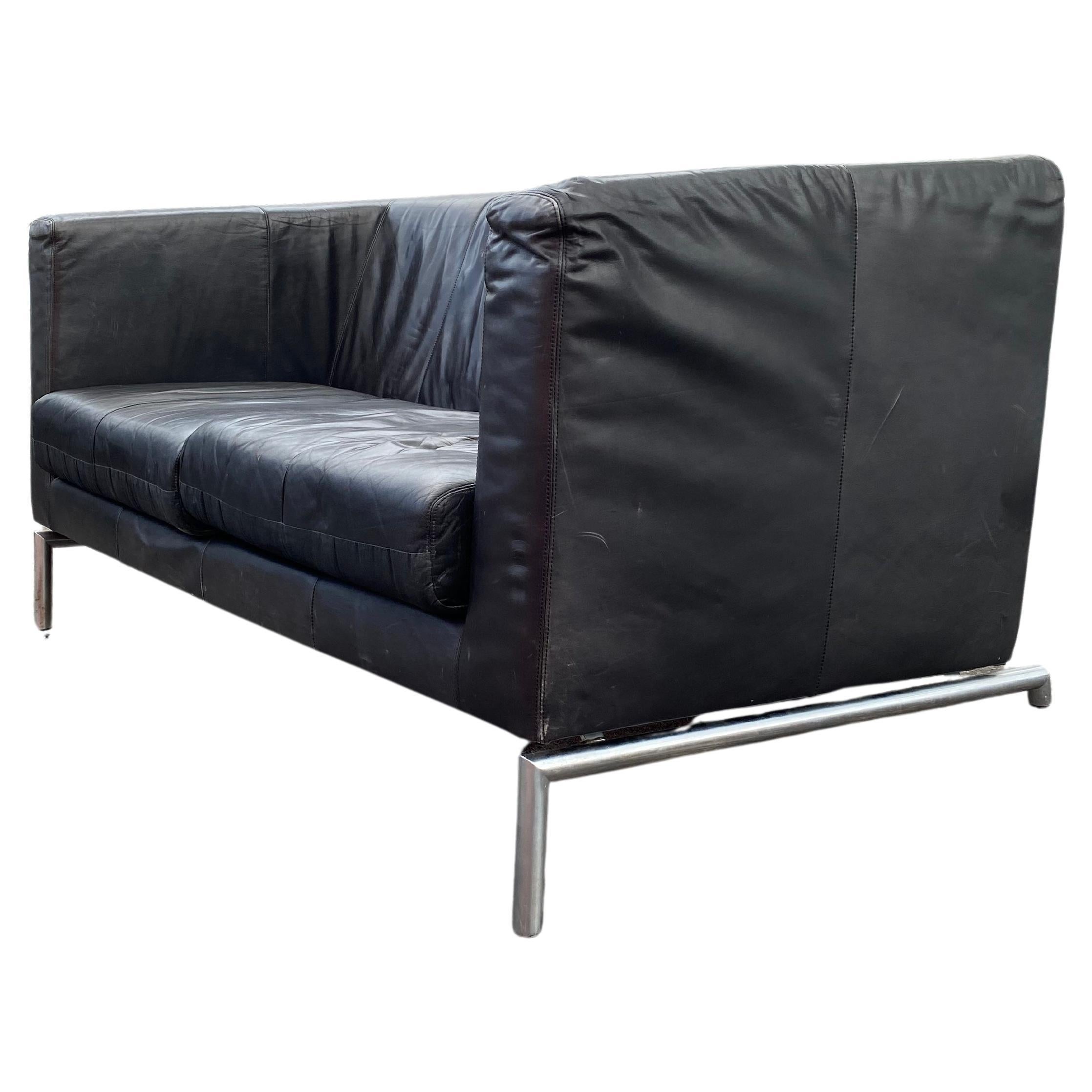 1970s Montis Chrome Black Leather Wegner Style Loveseat Sofa For Sale