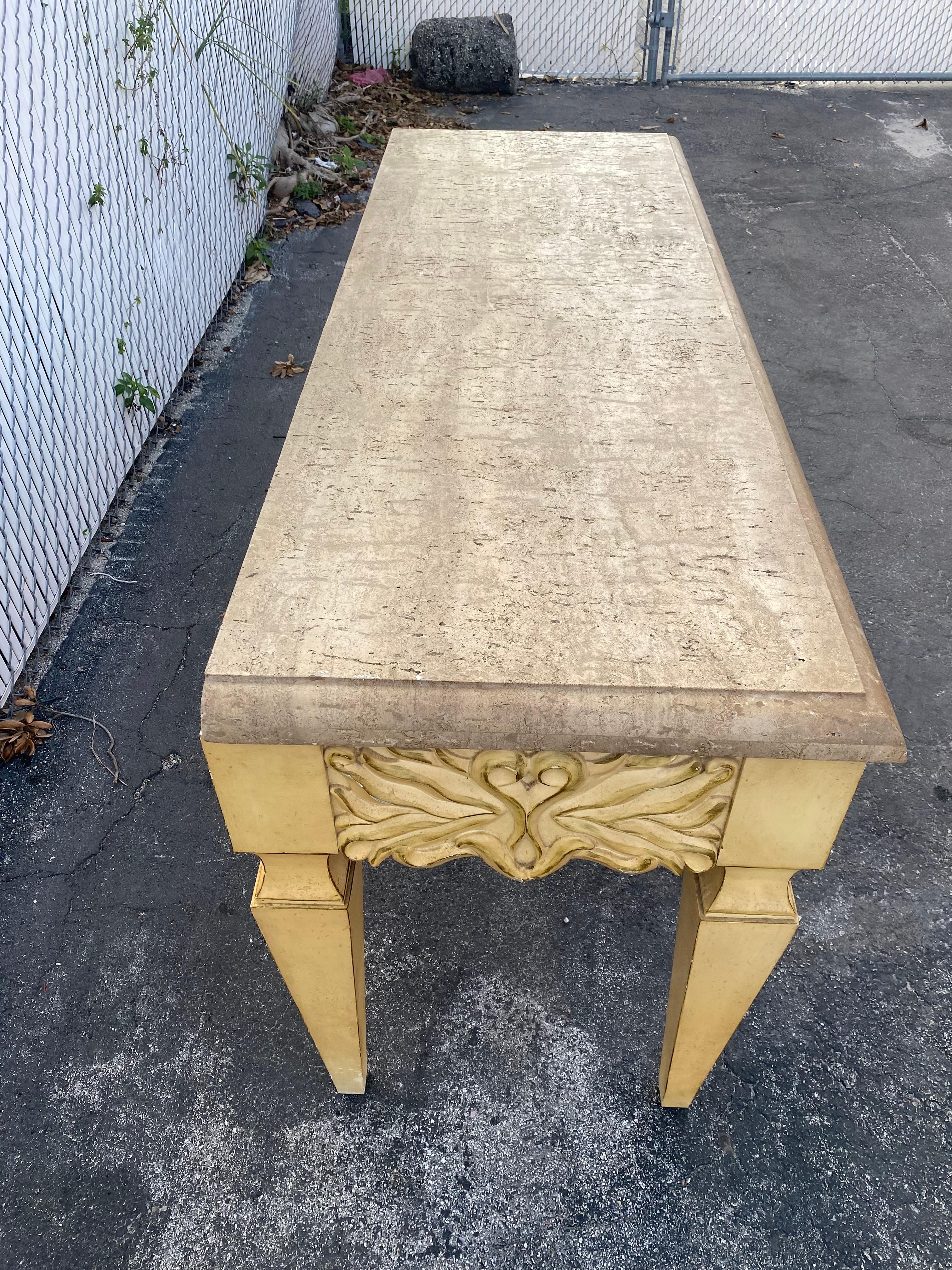 1970s Monumental Carved Oak Wood Parchment Natural Travertine Console Table Desk For Sale 4