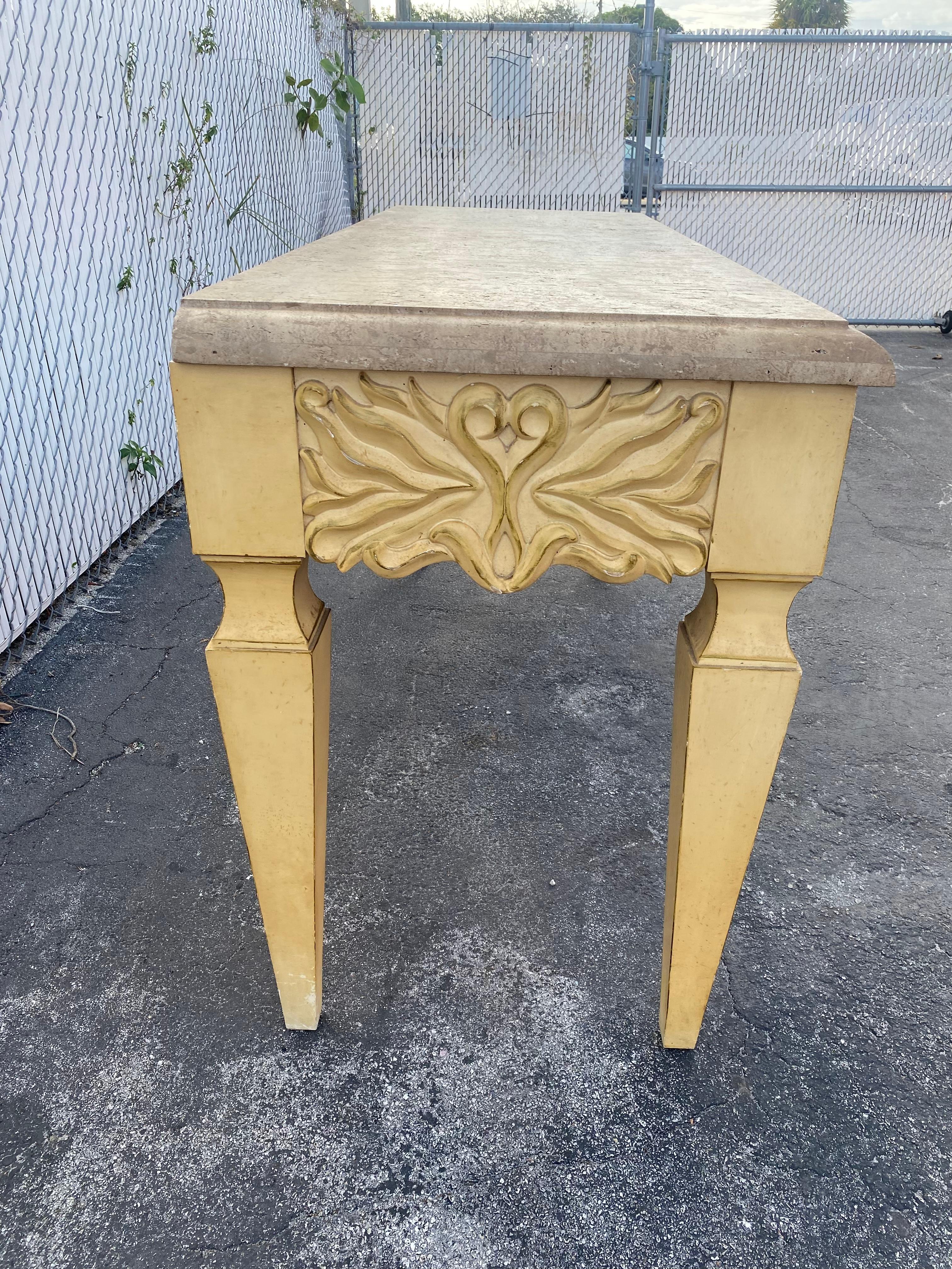 1970s Monumental Carved Oak Wood Parchment Natural Travertine Console Table Desk For Sale 5