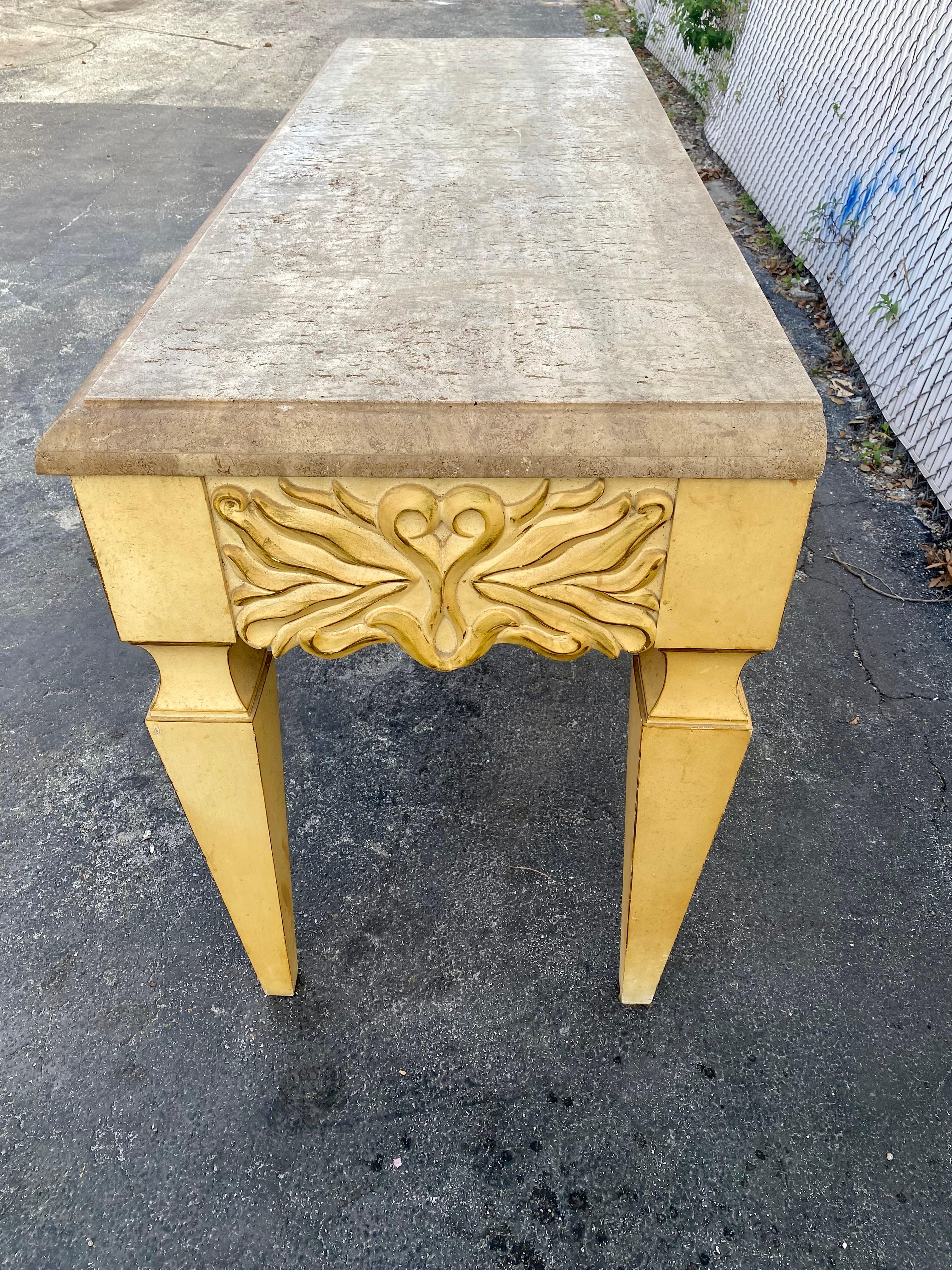 1970s Monumental Carved Oak Wood Parchment Natural Travertine Console Table Desk For Sale 7