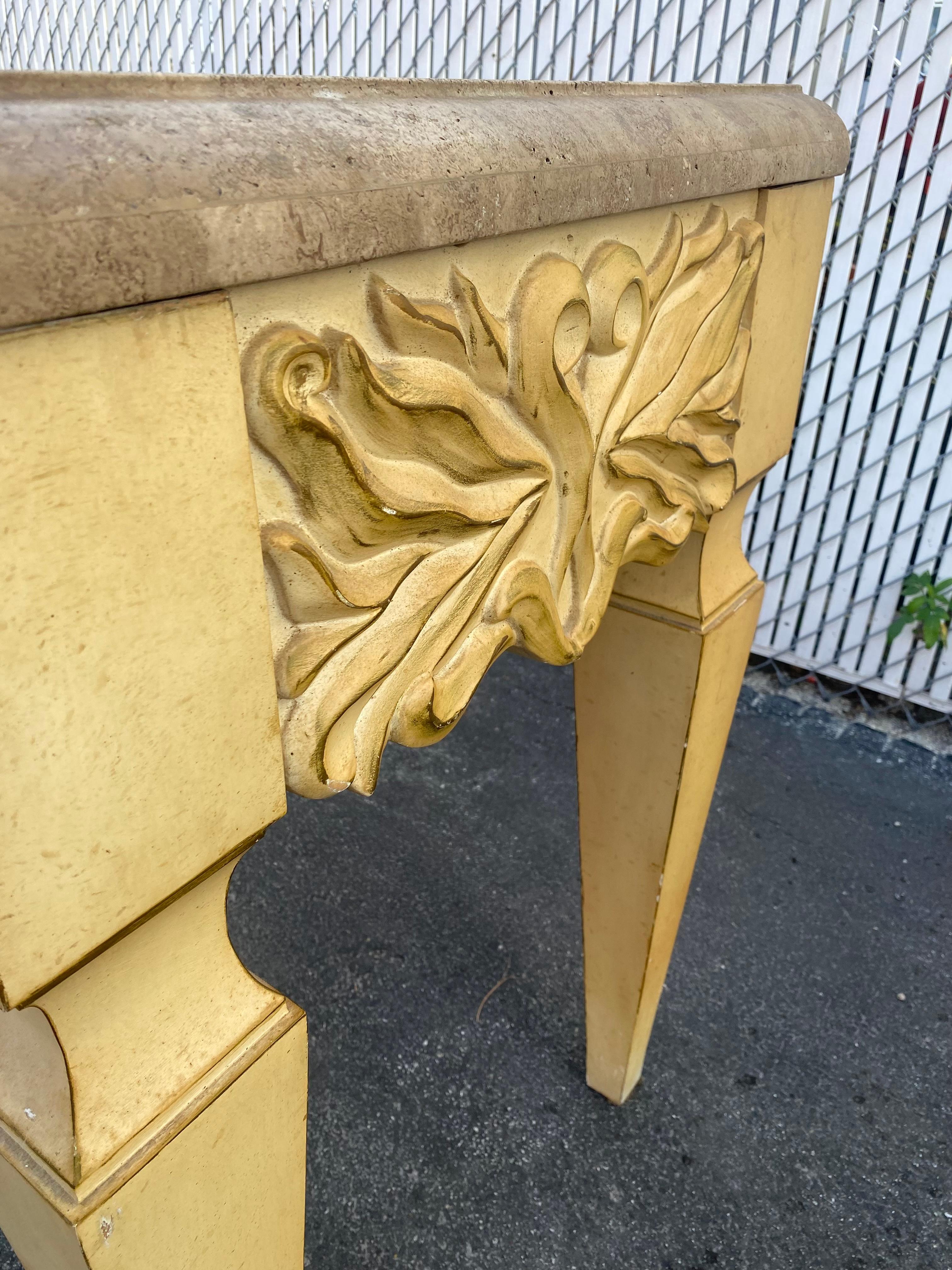 1970s Monumental Carved Oak Wood Parchment Natural Travertine Console Table Desk For Sale 8