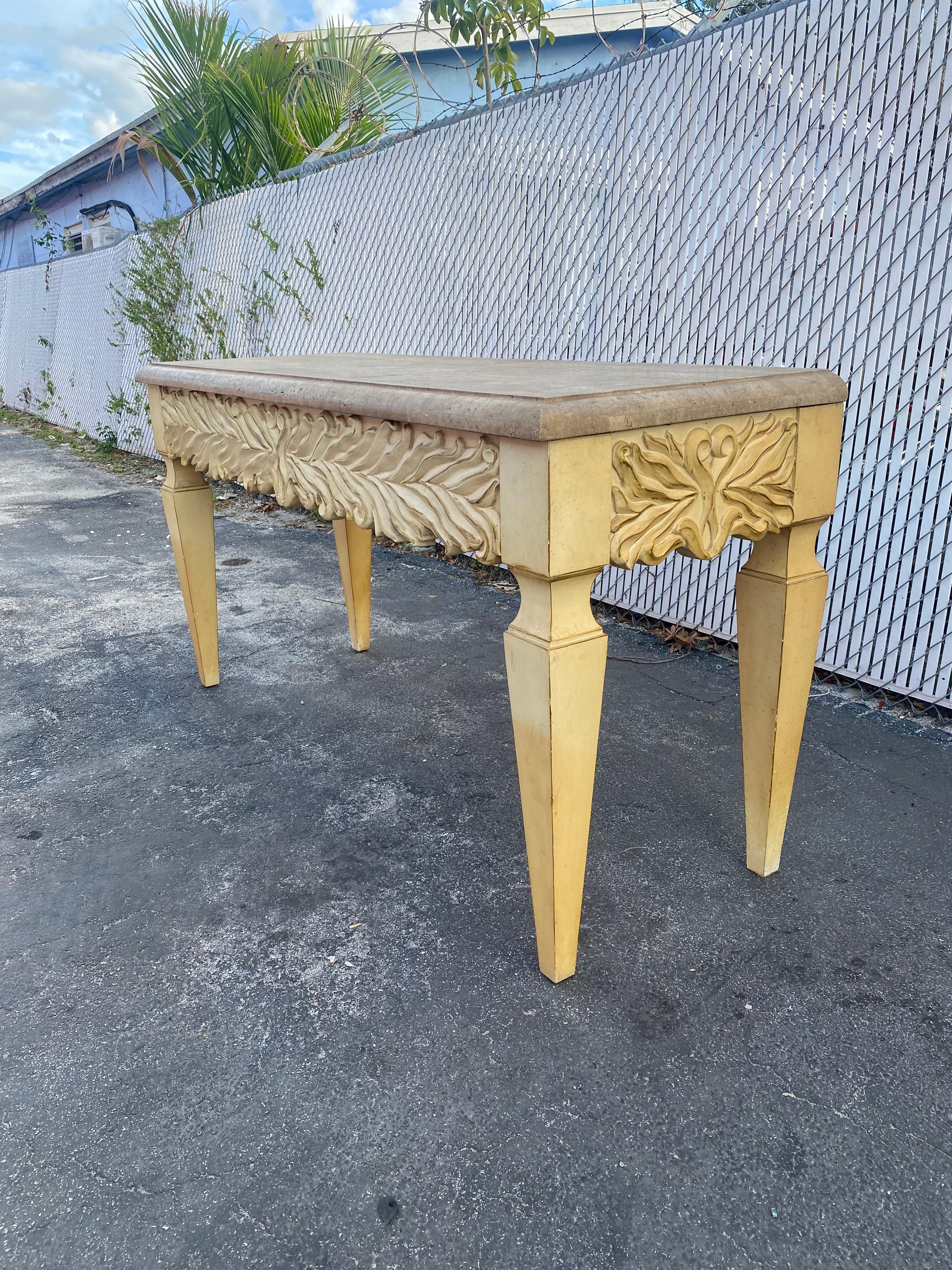Mid-Century Modern 1970s Monumental Carved Oak Wood Parchment Natural Travertine Console Table Desk For Sale