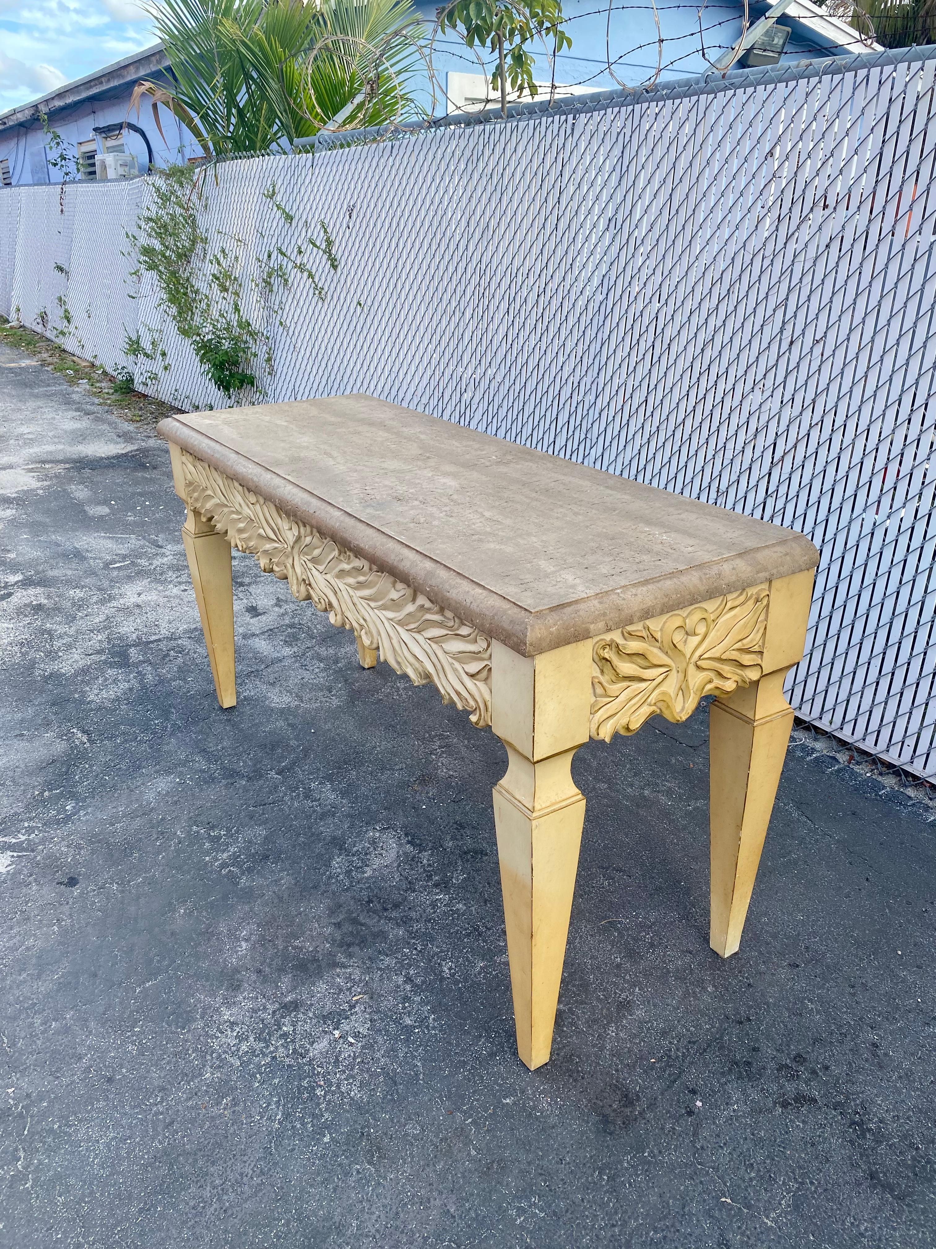 1970s Monumental Carved Oak Wood Parchment Natural Travertine Console Table Desk In Good Condition For Sale In Fort Lauderdale, FL