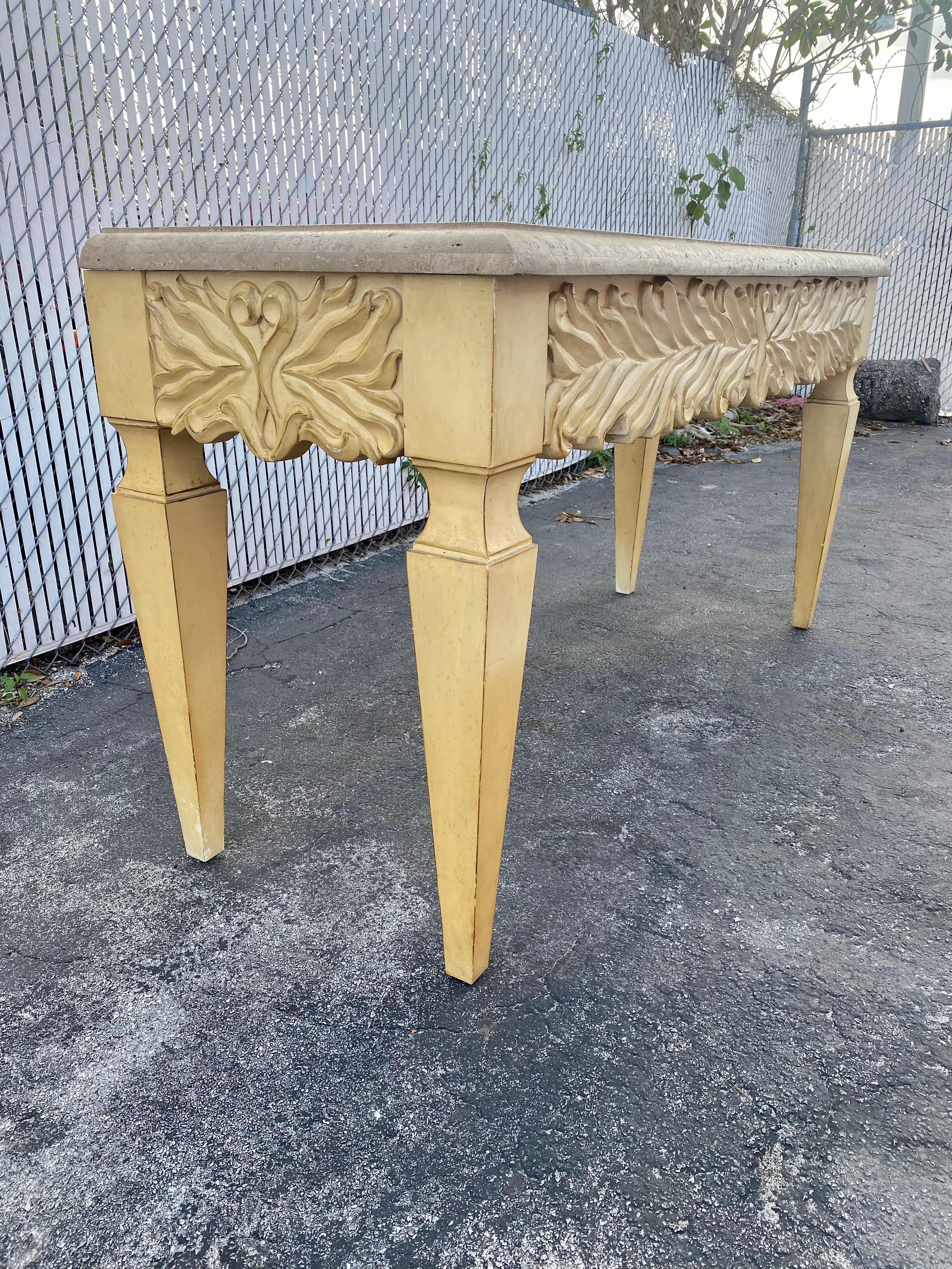 Late 20th Century 1970s Monumental Carved Oak Wood Parchment Natural Travertine Console Table Desk For Sale