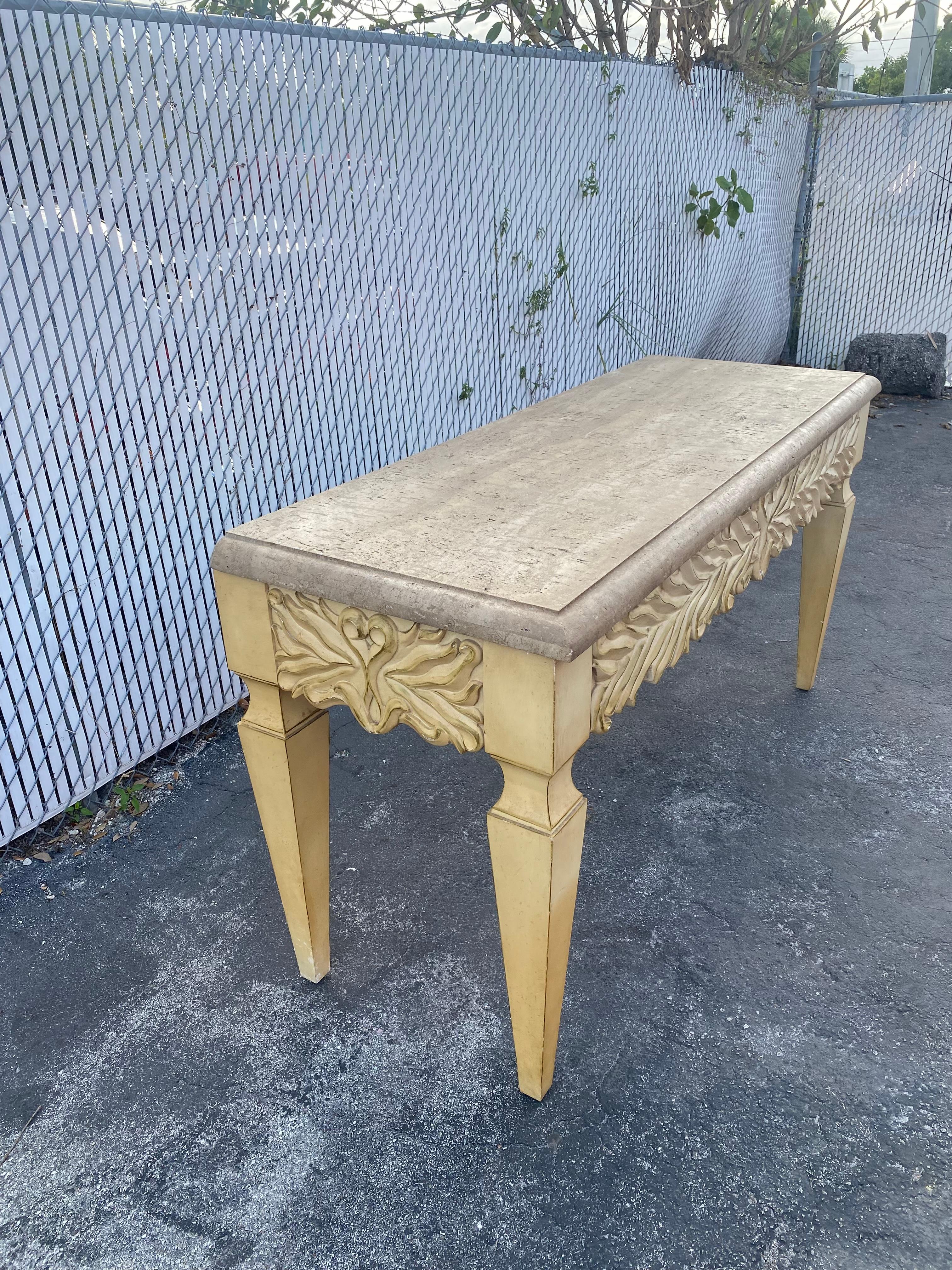 1970s Monumental Carved Oak Wood Parchment Natural Travertine Console Table Desk For Sale 1