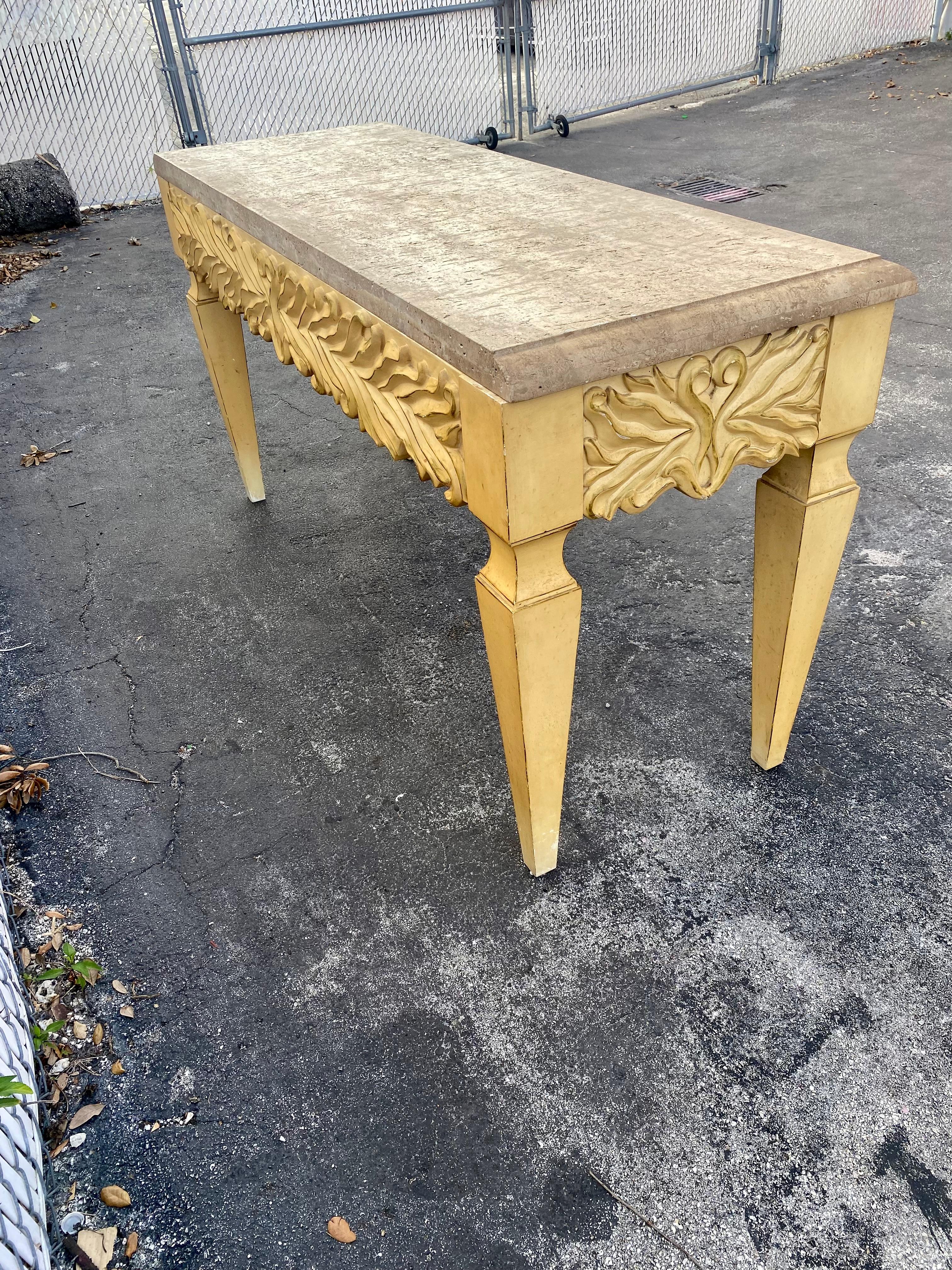 1970s Monumental Carved Oak Wood Parchment Natural Travertine Console Table Desk For Sale 2