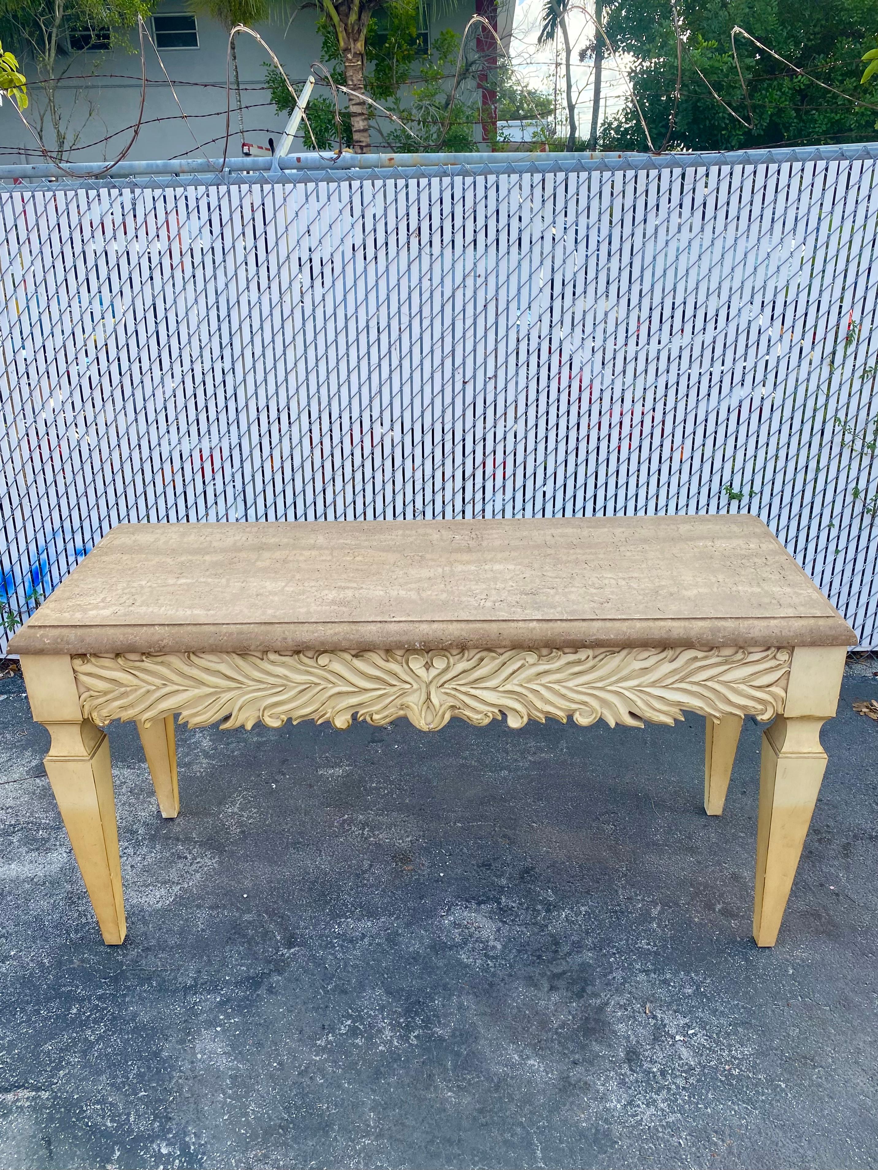 1970s Monumental Carved Oak Wood Parchment Natural Travertine Console Table Desk For Sale 3