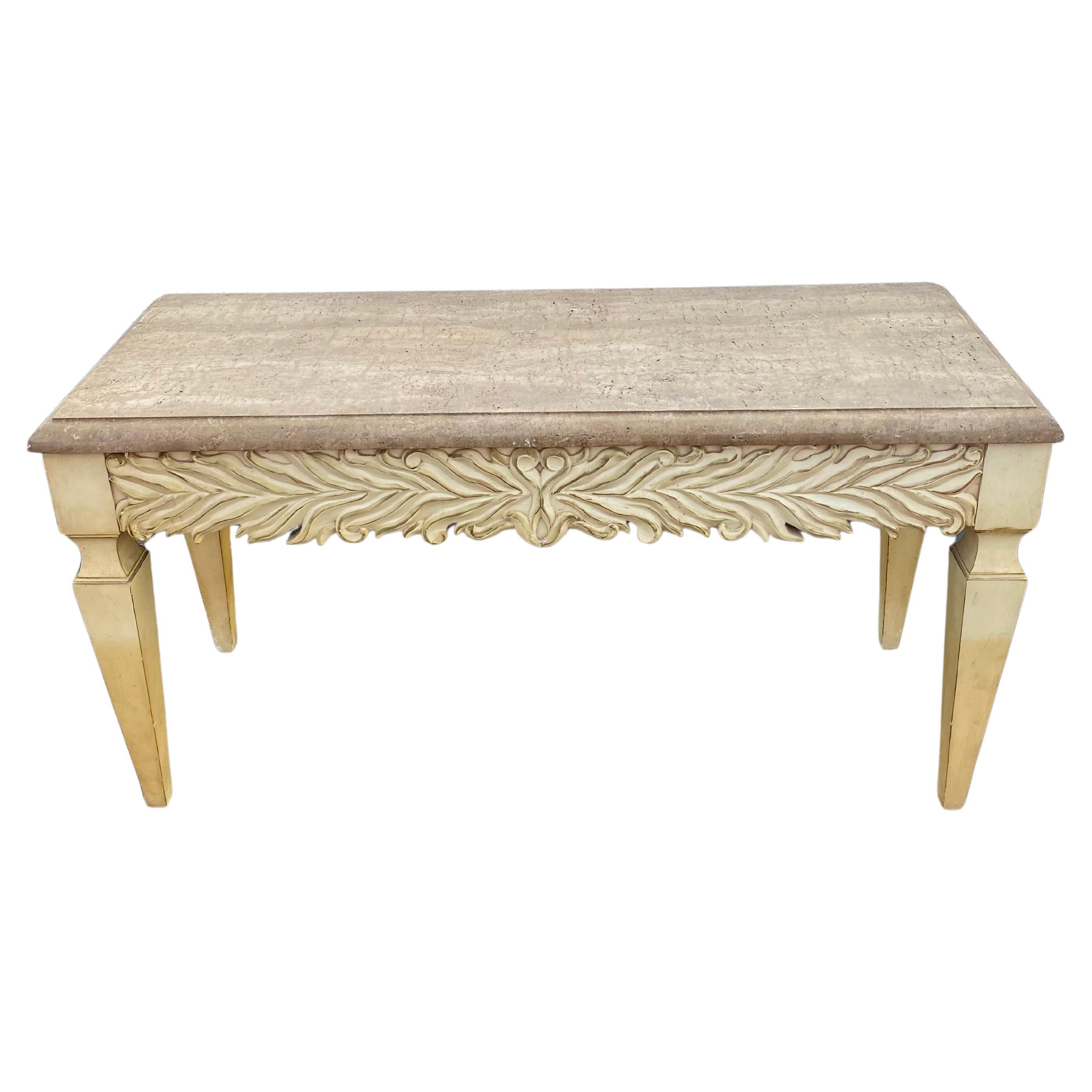 1970s Monumental Carved Oak Wood Parchment Natural Travertine Console Table Desk For Sale