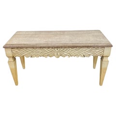 Used 1970s Monumental Carved Oak Wood Parchment Natural Travertine Console Table Desk