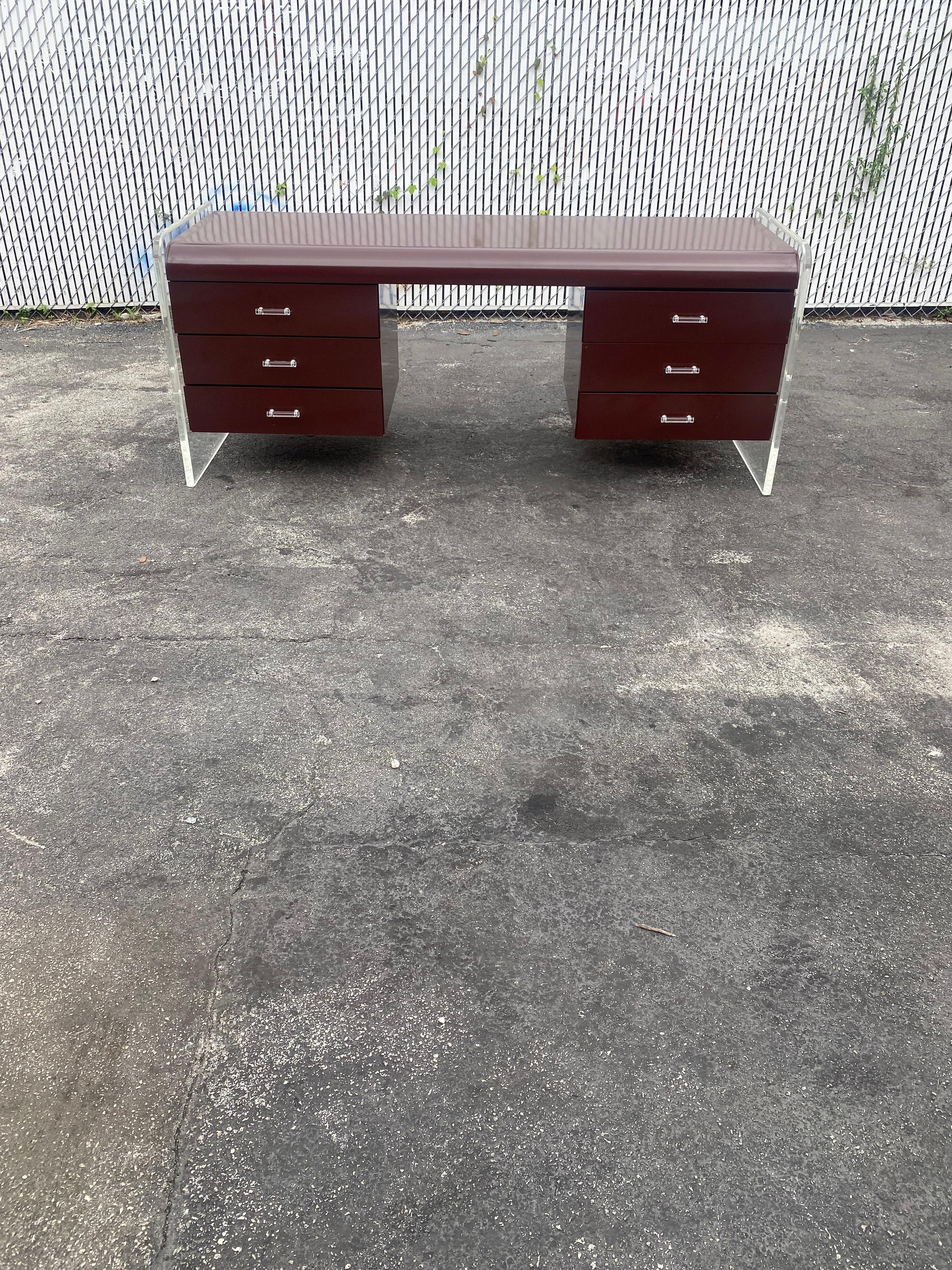 Mid-Century Modern 1970s Monumental Executive Floating Lucite and Wood Desk For Sale