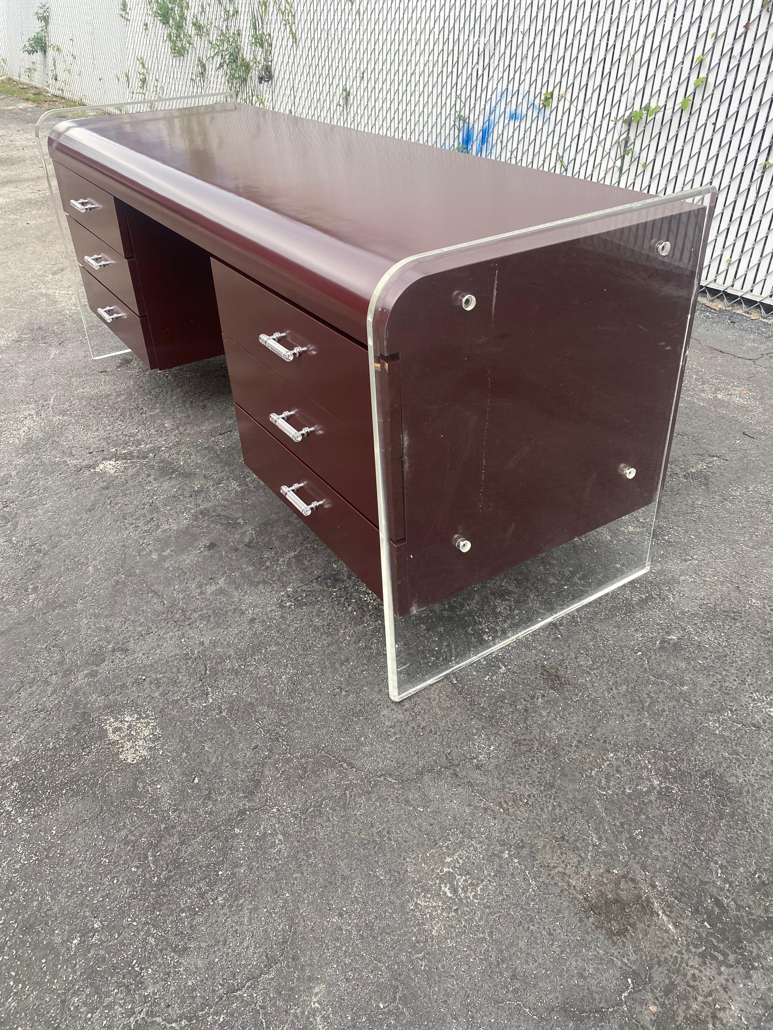 1970s Monumental Executive Floating Lucite and Wood Desk In Good Condition For Sale In Fort Lauderdale, FL