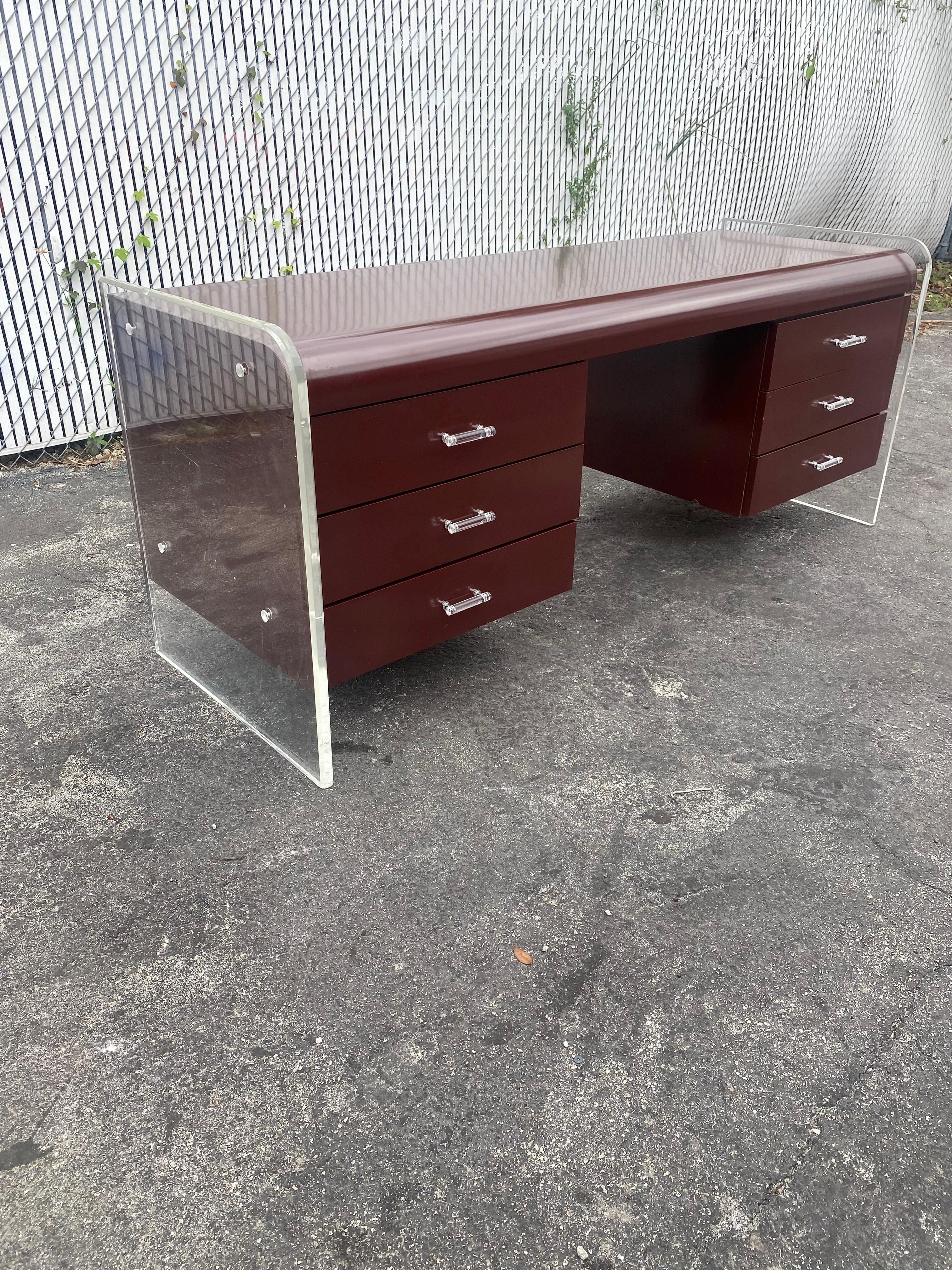 Late 20th Century 1970s Monumental Executive Floating Lucite and Wood Desk For Sale