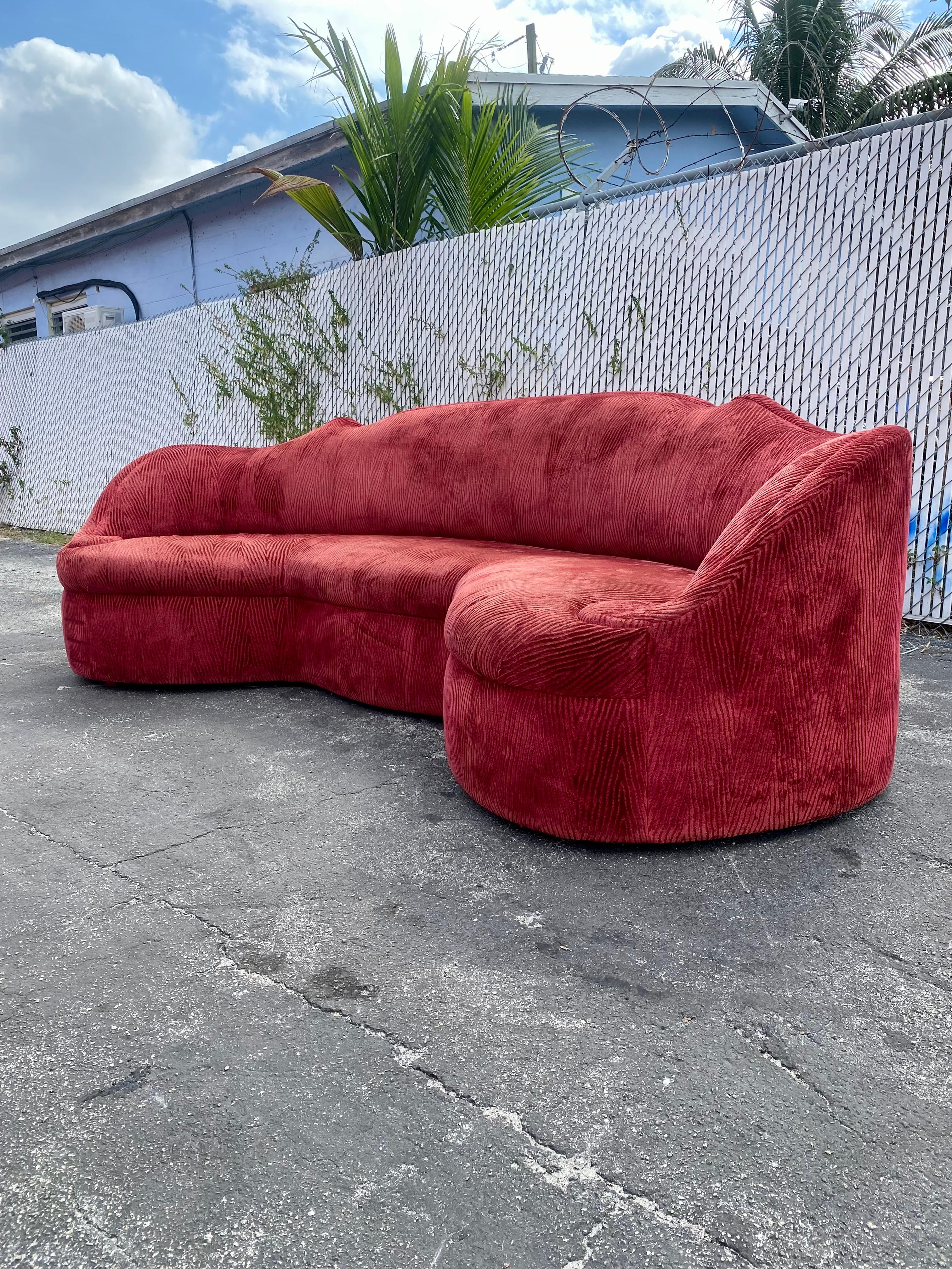 American 1970s Monumental Maroon Schiaparelli Velvet Curved Sofa For Sale