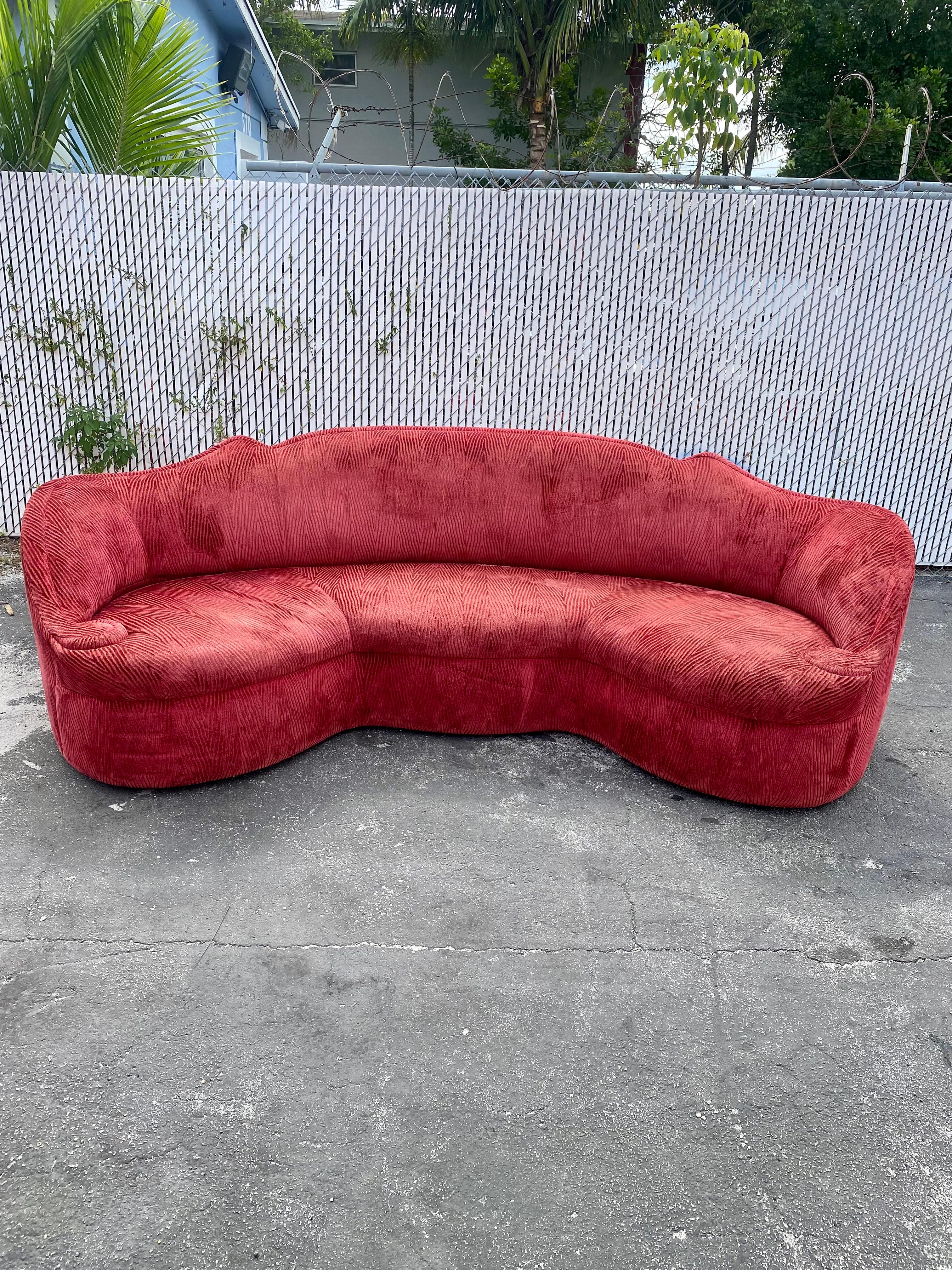 1970s Monumental Maroon Schiaparelli Velvet Curved Sofa In Good Condition For Sale In Fort Lauderdale, FL