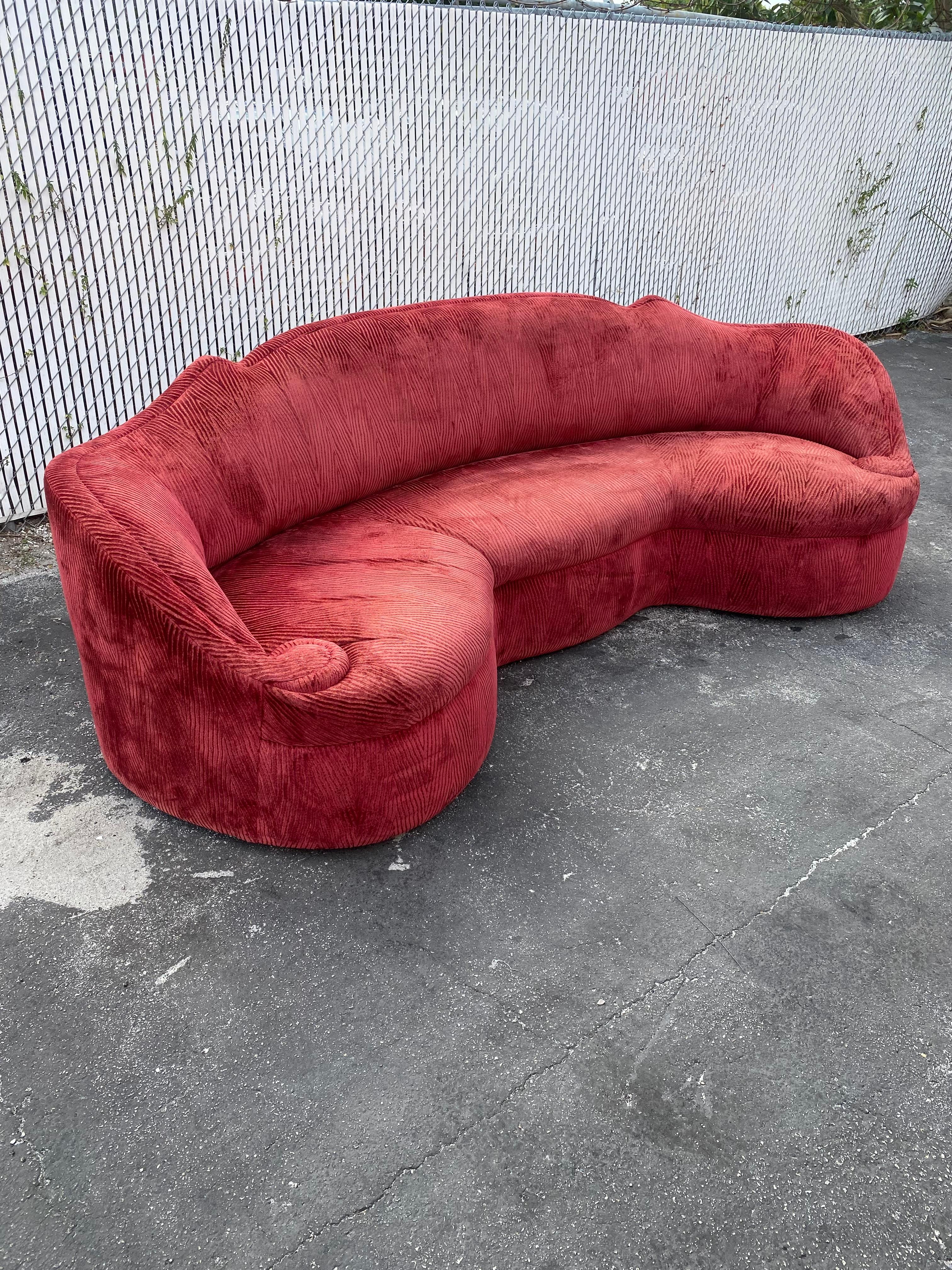 1970s Monumental Maroon Schiaparelli Velvet Curved Sofa For Sale 1