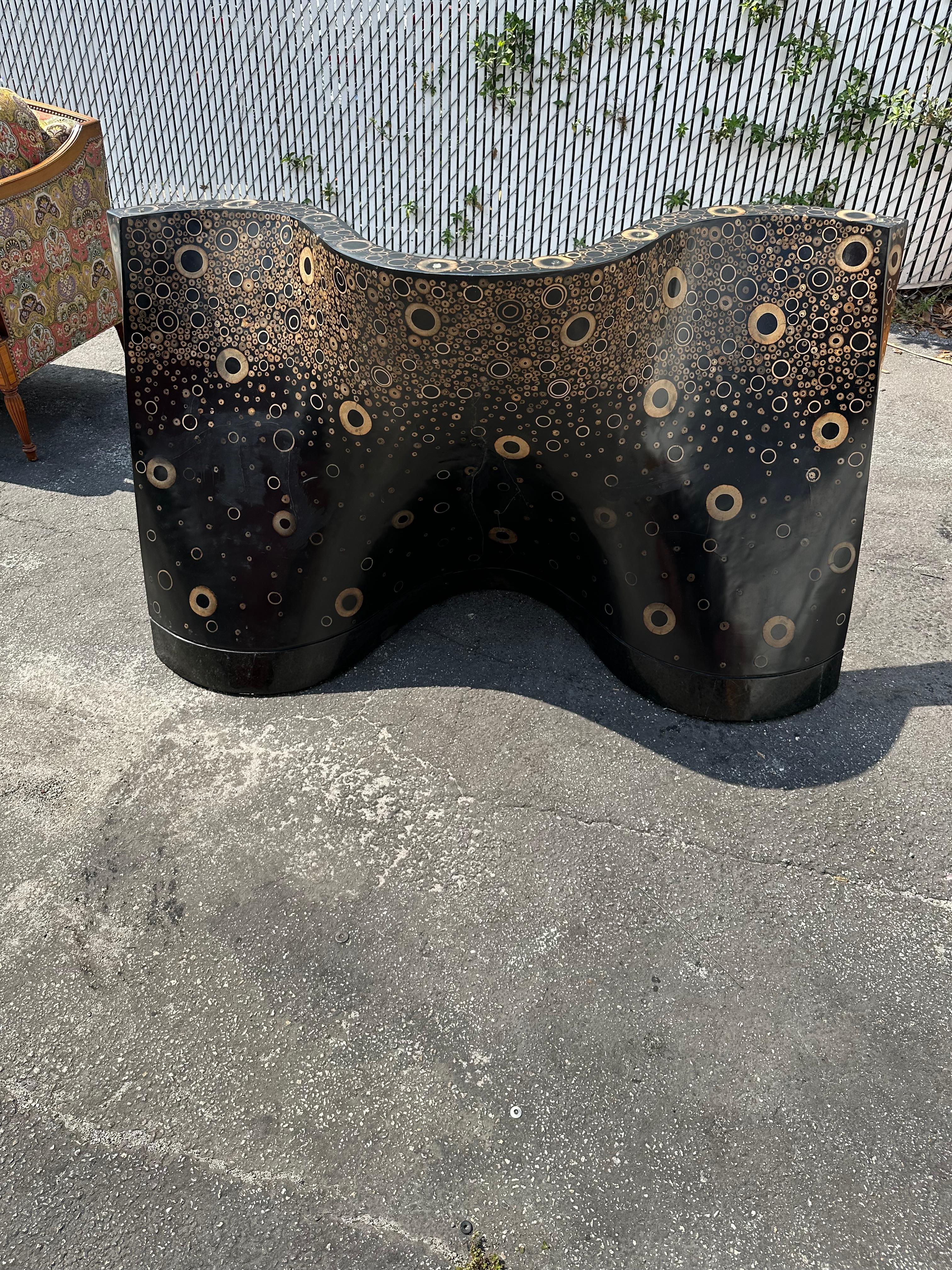 1970s Monumental Sculptural Wood Black and Rattan Inlay Console Table For Sale 6