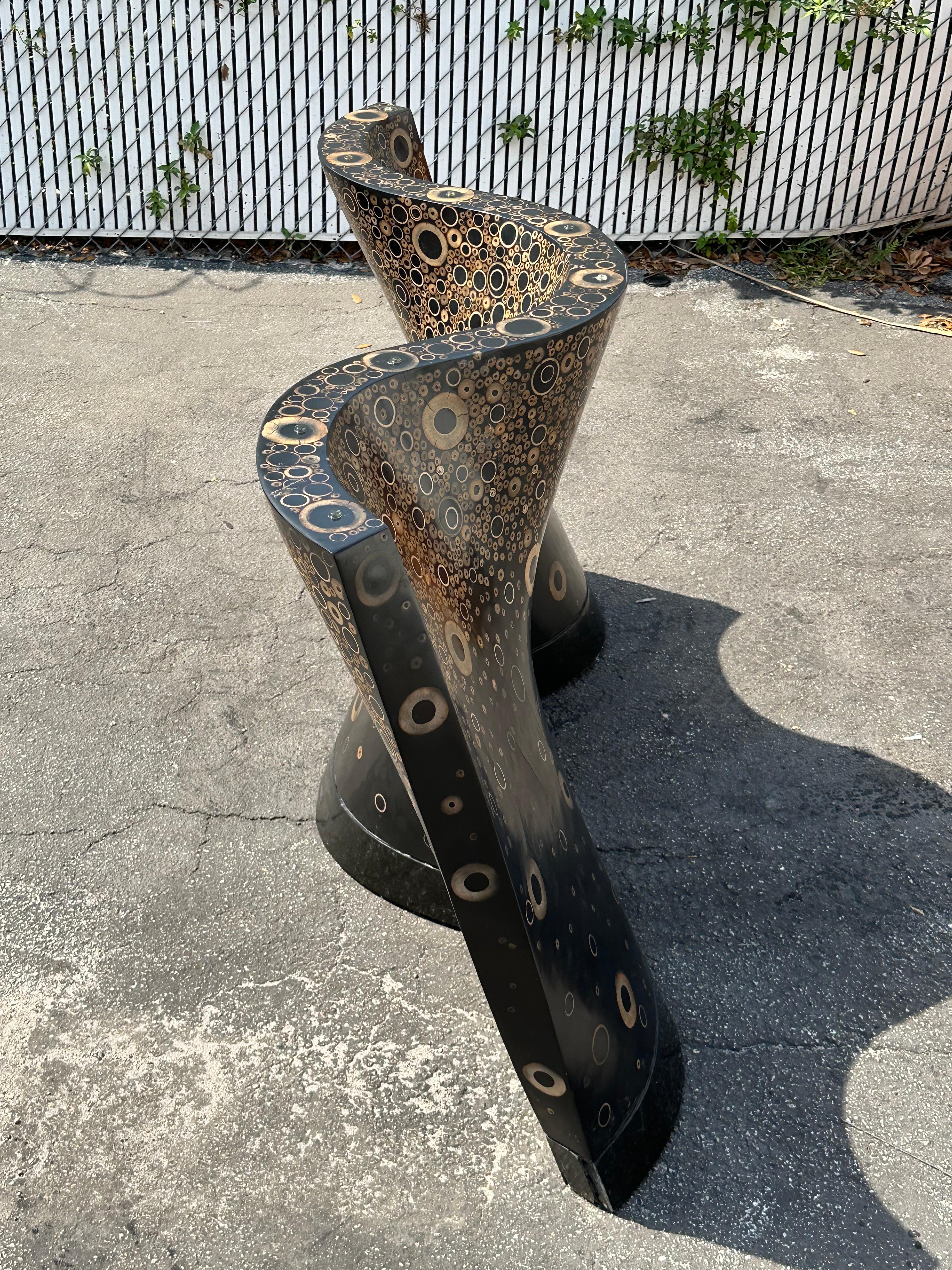 1970s Monumental Sculptural Wood Black and Rattan Inlay Console Table For Sale 12