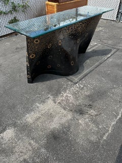 1970s Monumental Sculptural Wood Black and Rattan Inlay Console Table