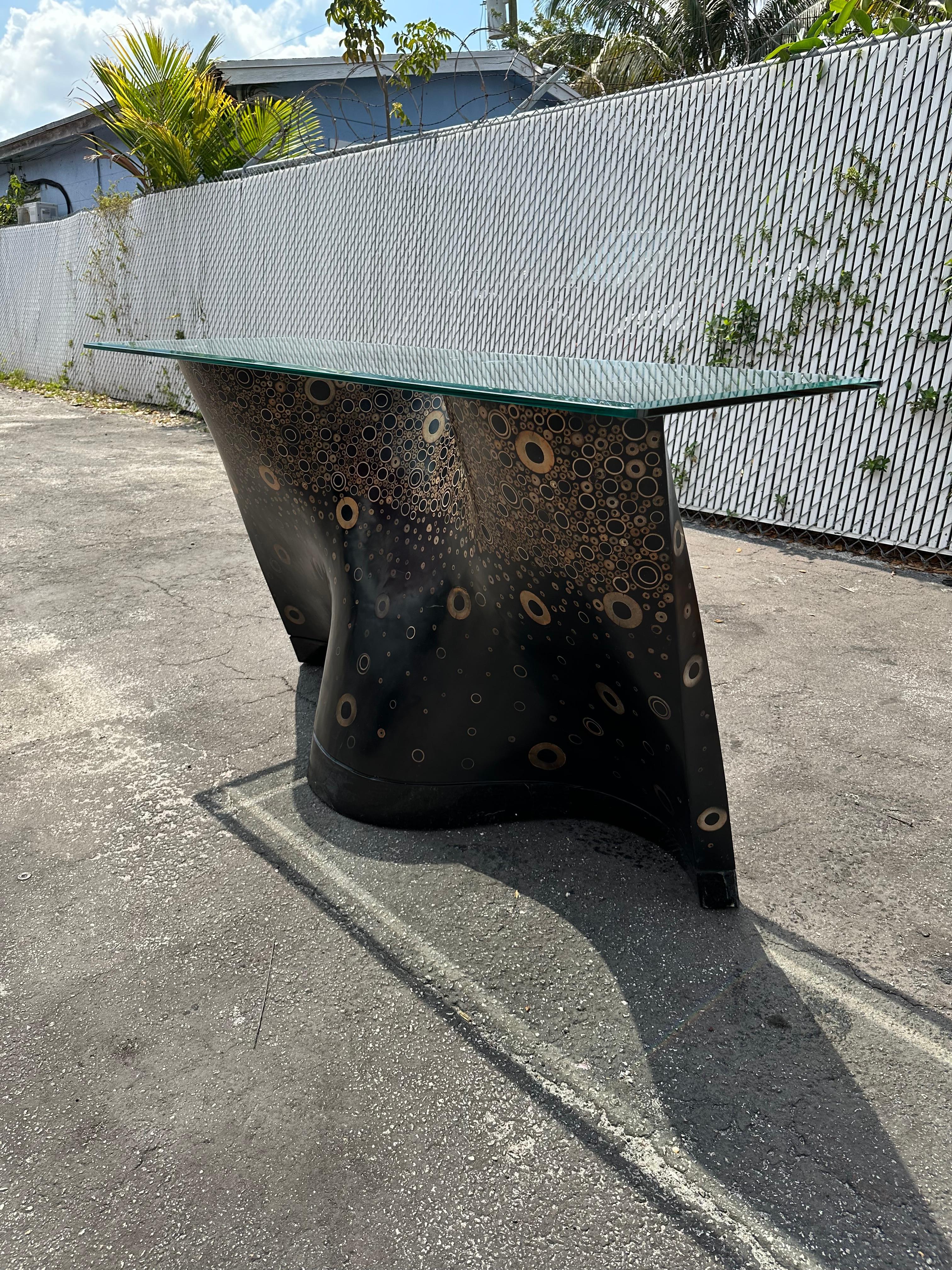 Mid-Century Modern 1970s Monumental Sculptural Wood Black and Rattan Inlay Console Table For Sale