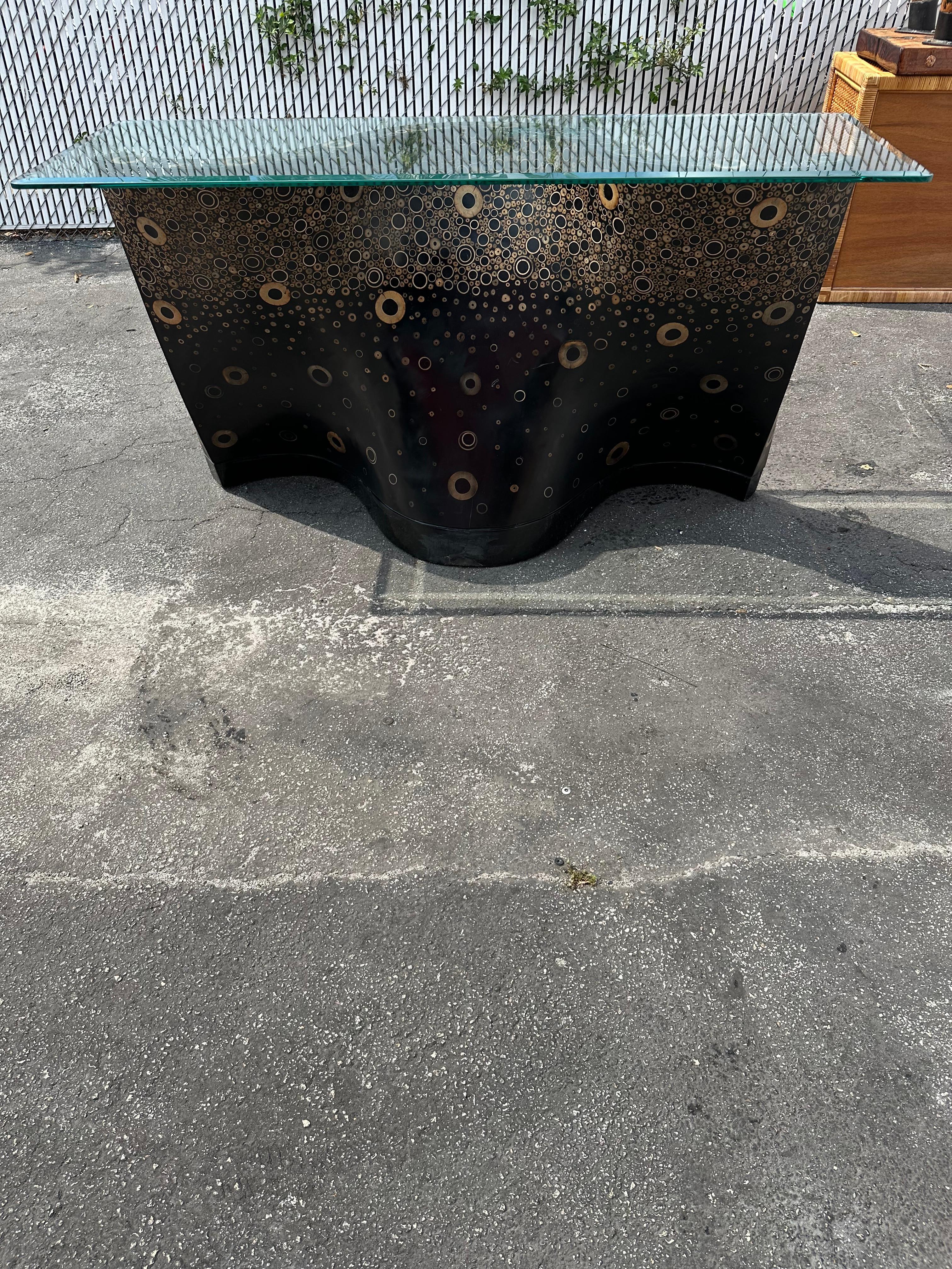 European 1970s Monumental Sculptural Wood Black and Rattan Inlay Console Table For Sale