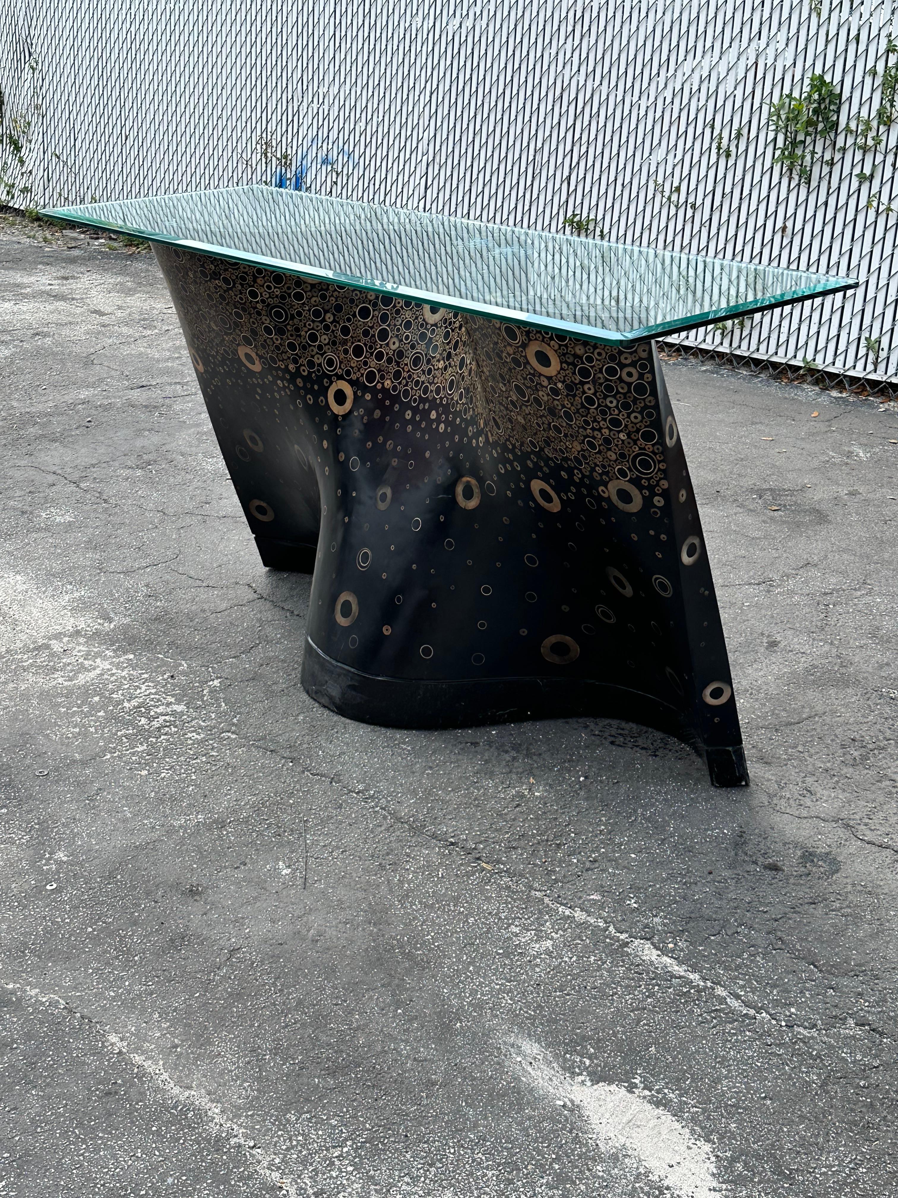 1970s Monumental Sculptural Wood Black and Rattan Inlay Console Table In Good Condition For Sale In Fort Lauderdale, FL