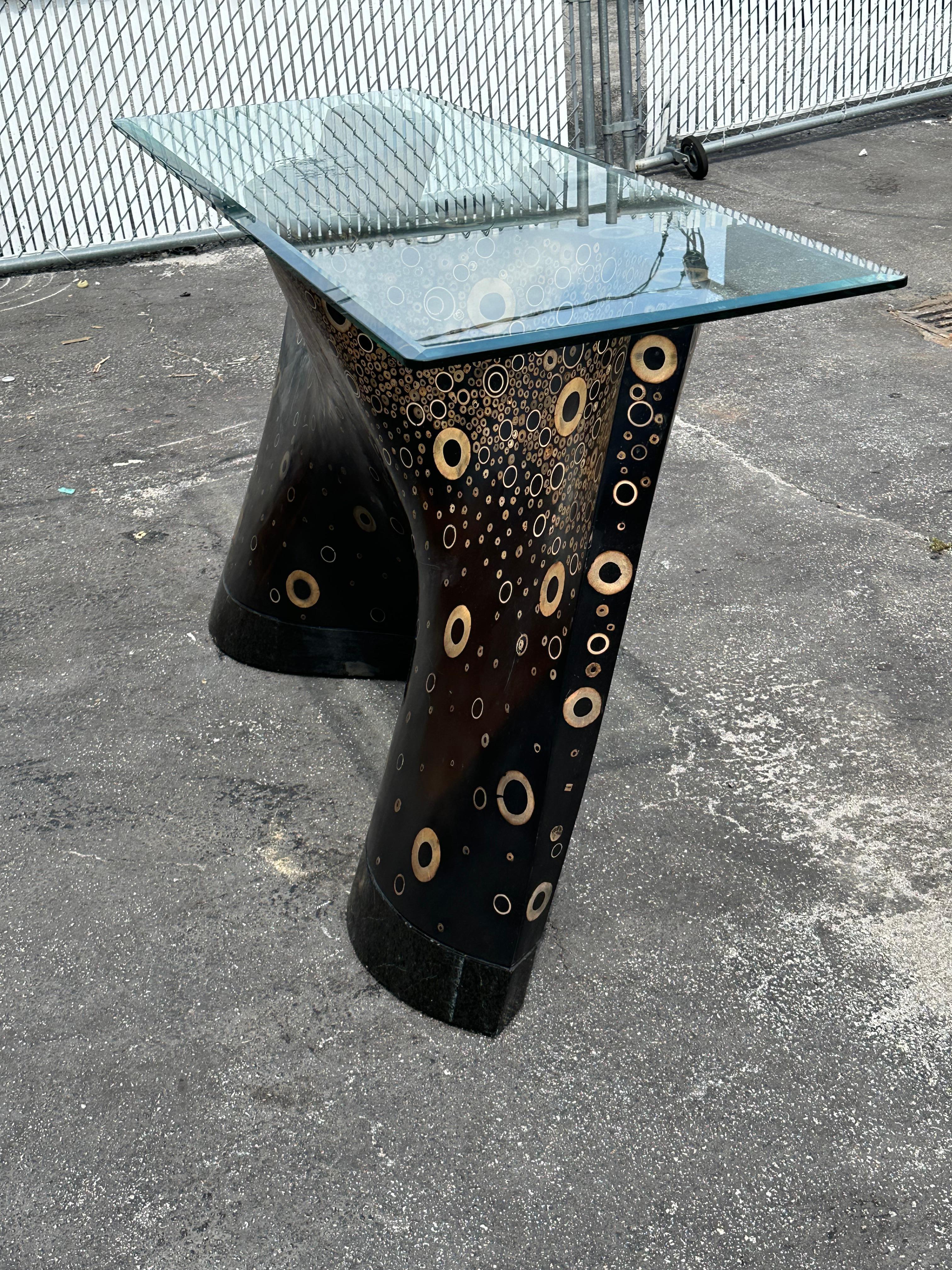 Faux Bamboo 1970s Monumental Sculptural Wood Black and Rattan Inlay Console Table For Sale