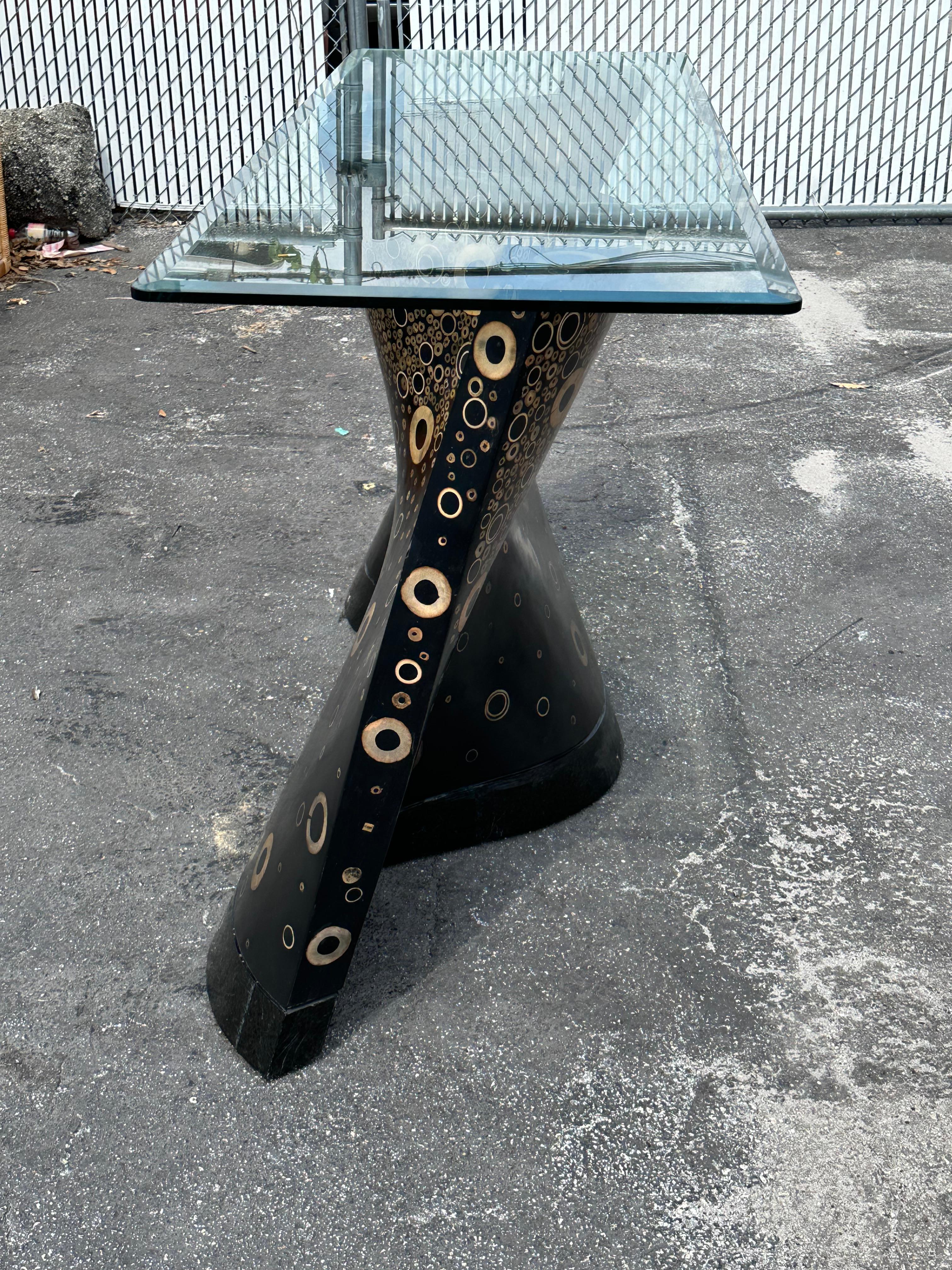 1970s Monumental Sculptural Wood Black and Rattan Inlay Console Table For Sale 1