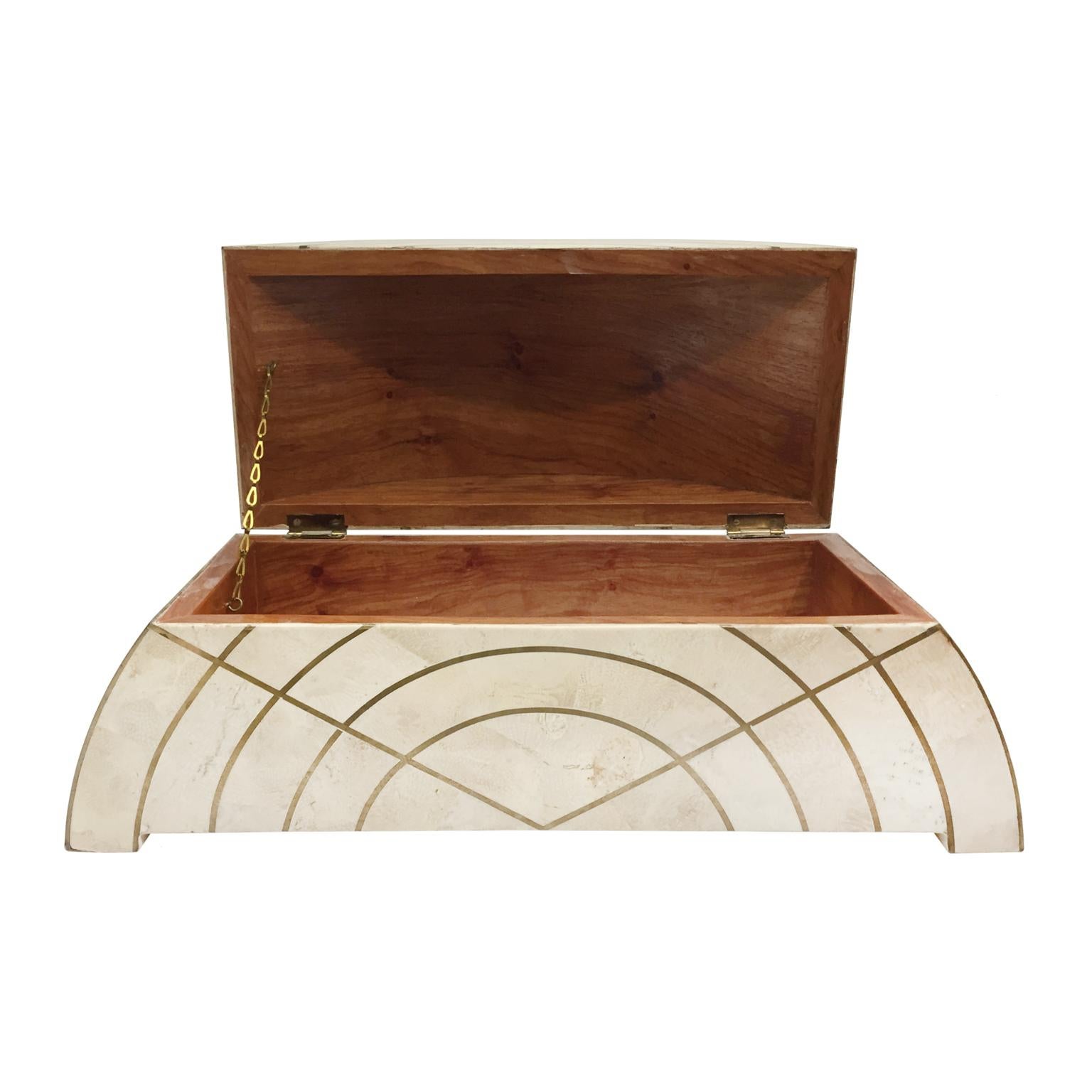 American 1970s Monumental Tessellated Stone Semicircle Box with Brass Inlay