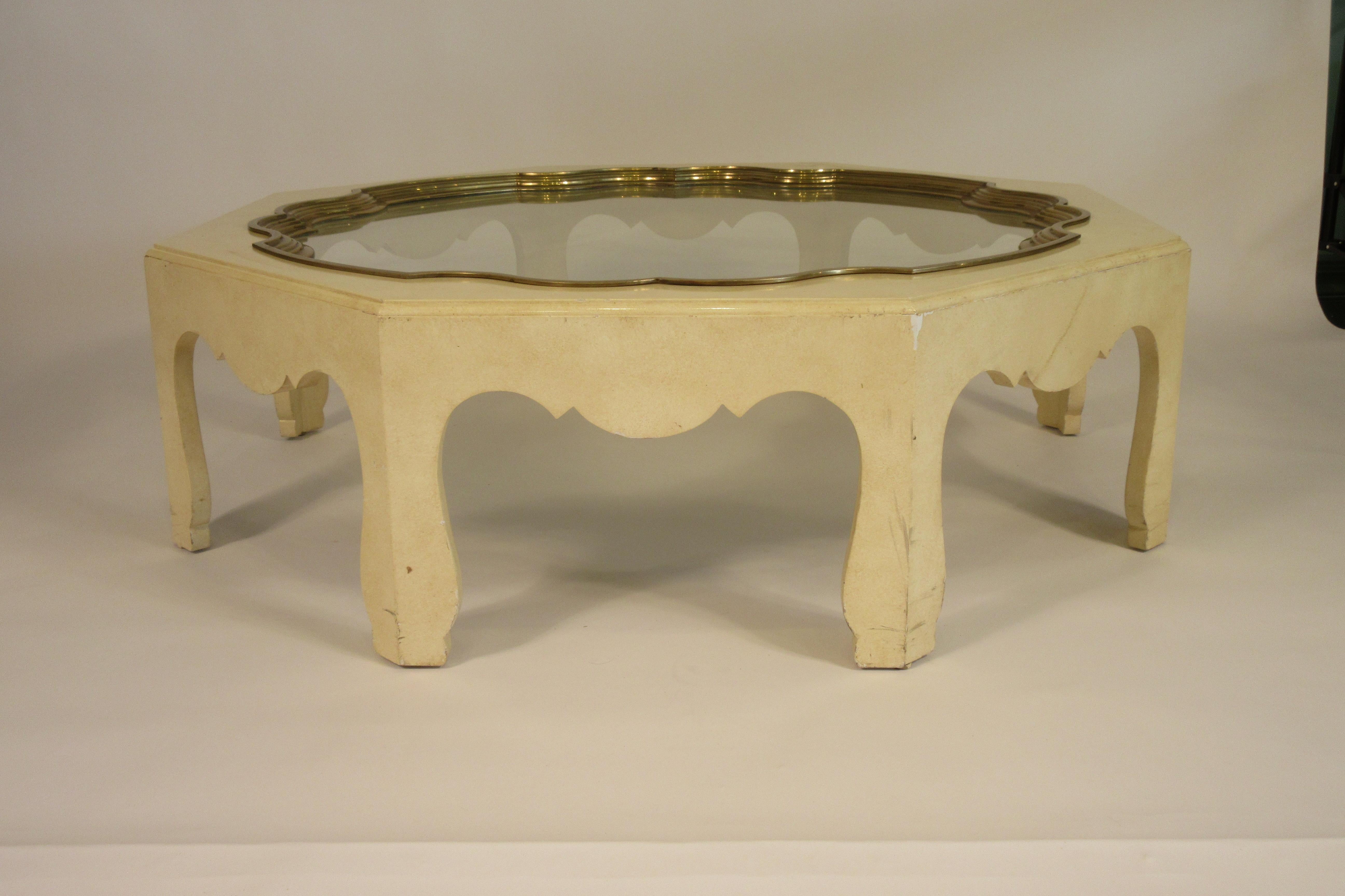 1970s Moorish coffee table. Brass and glass tray lifts out of the wood base. Wood base needs repainting.