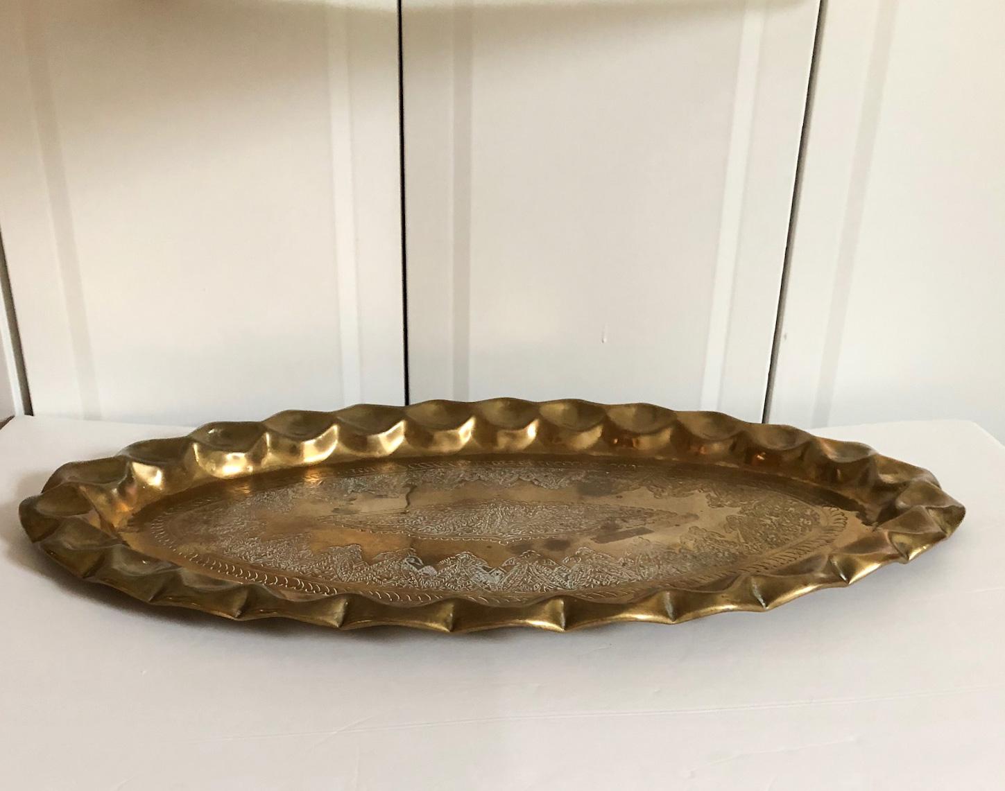 Tribal 1970s Moroccan Brass Oval Tray