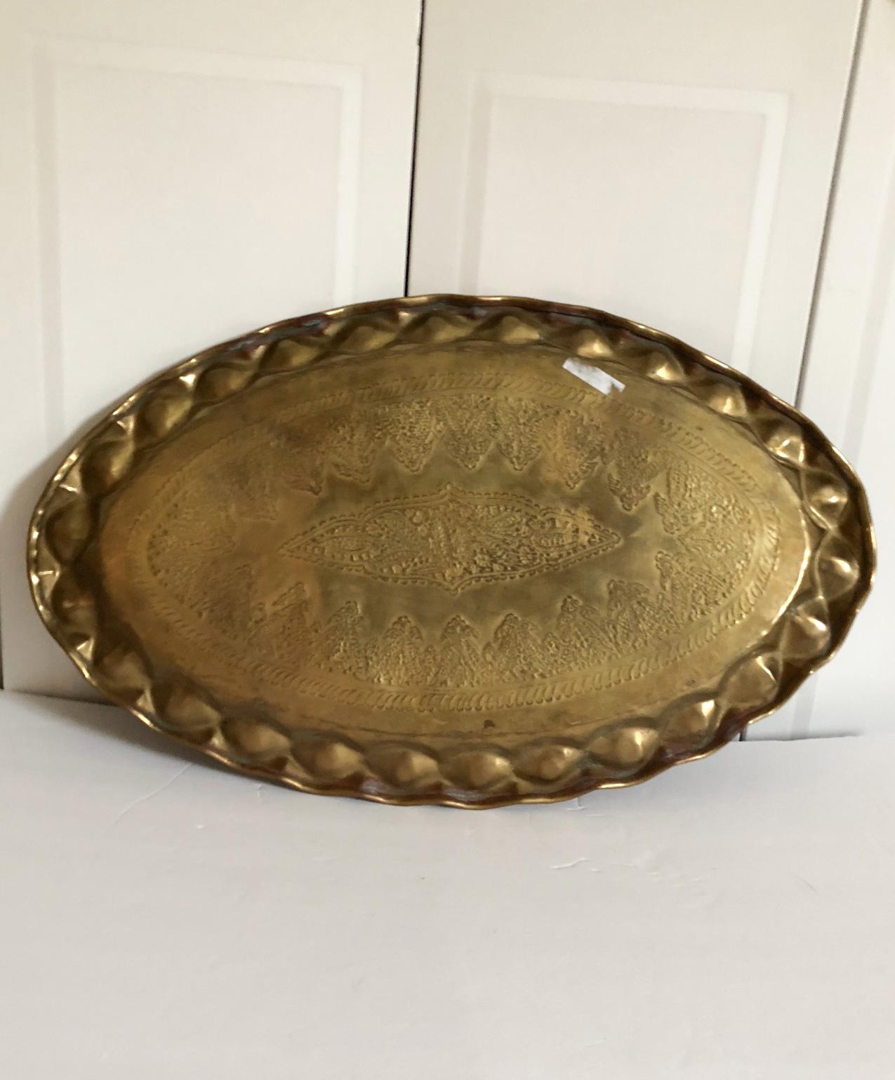 1970s Moroccan Brass Oval Tray In Good Condition In Richmond, VA