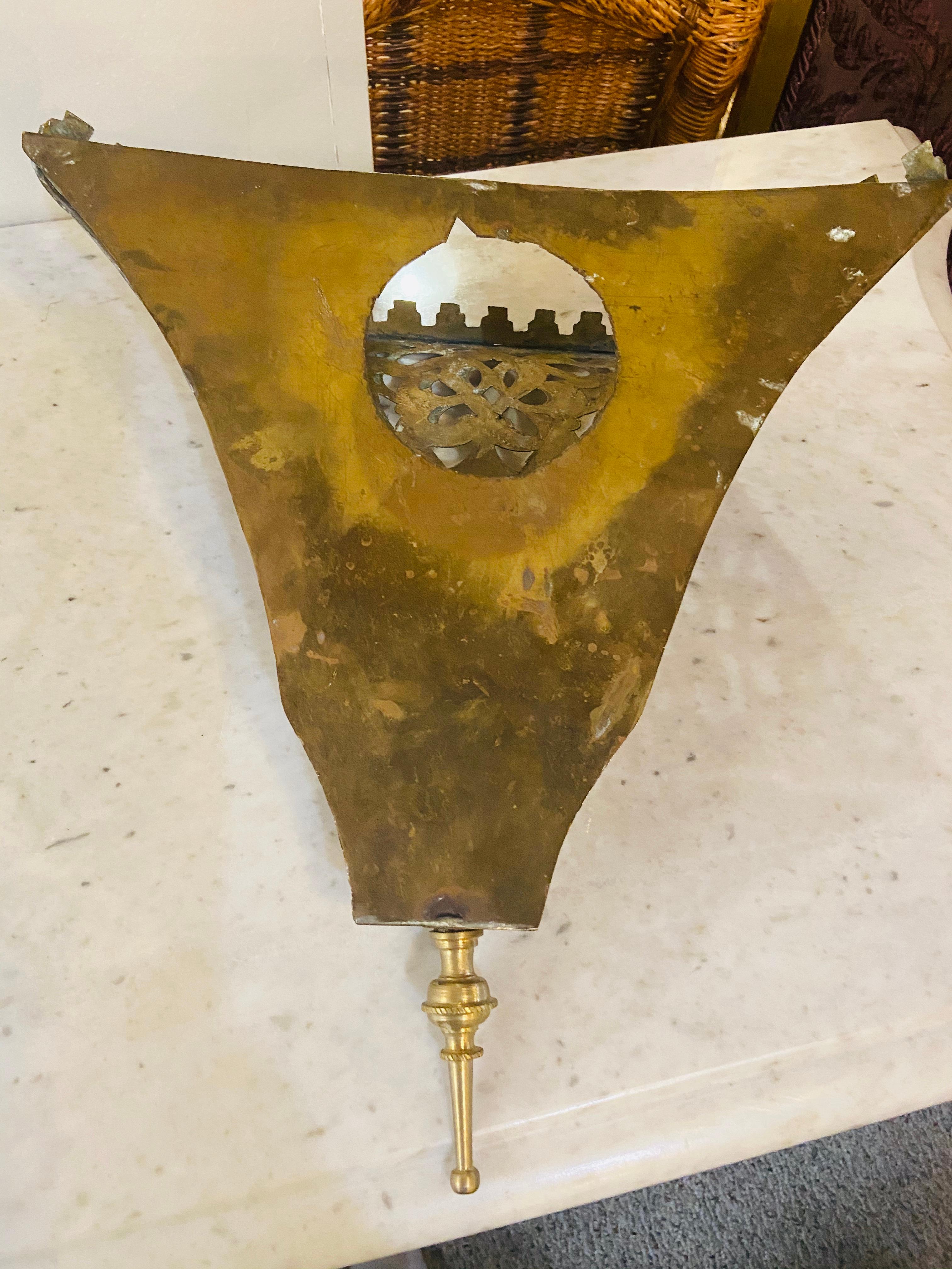 Moorish 1970s Moroccan Brass Triangle Wall Sconce, a Pair