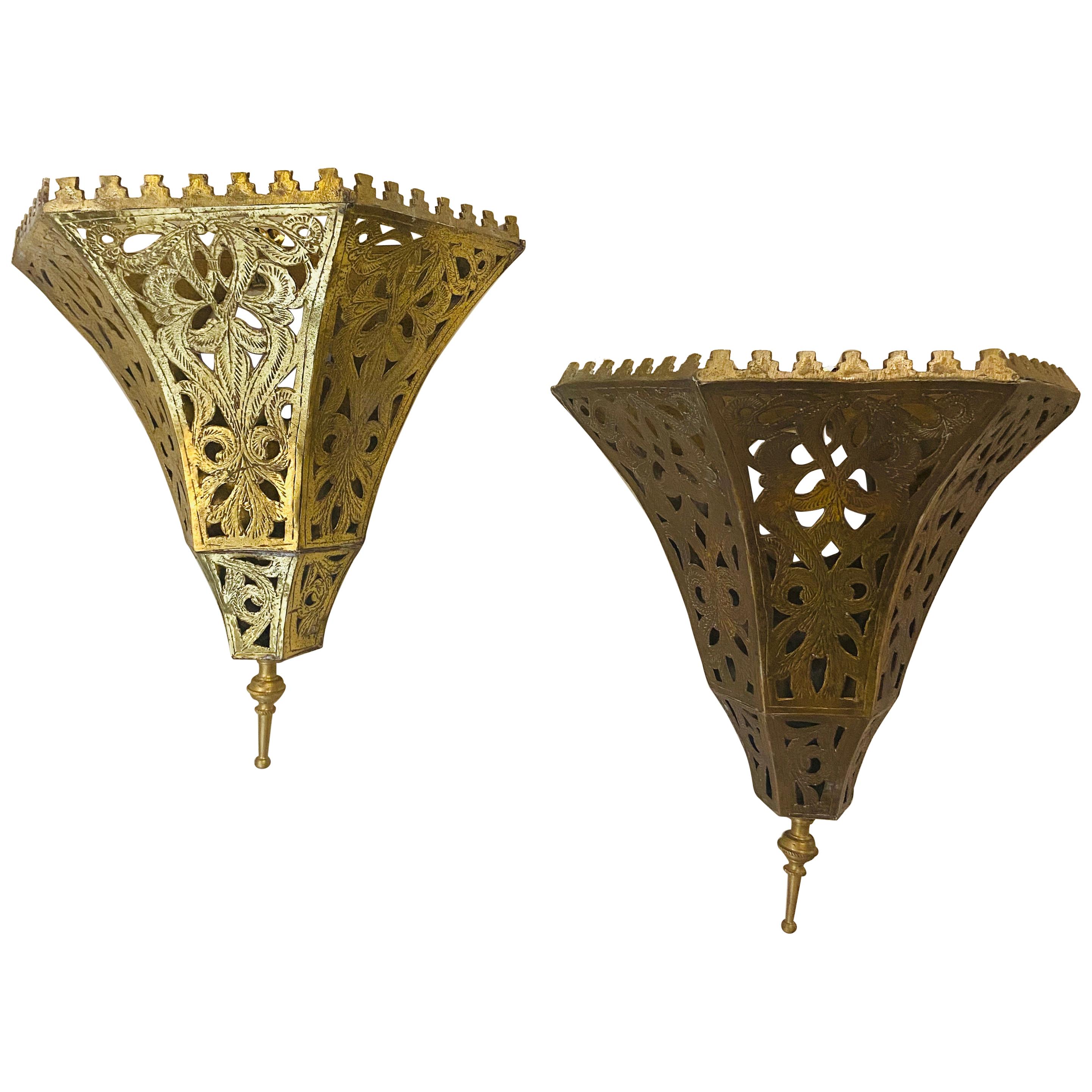 1970s Moroccan Brass Triangle Wall Sconce, a Pair