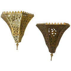 1970s Moroccan Brass Triangle Wall Sconce, a Pair