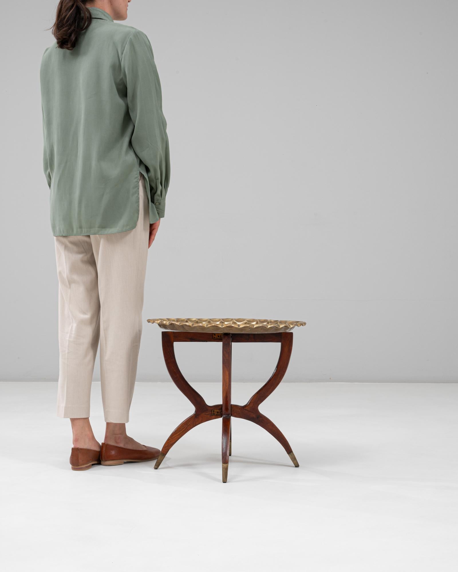 Mid-Century Modern 1970s Moroccan Mid-Century Walnut Coffee Table With Spider Legs and Bronze Top For Sale