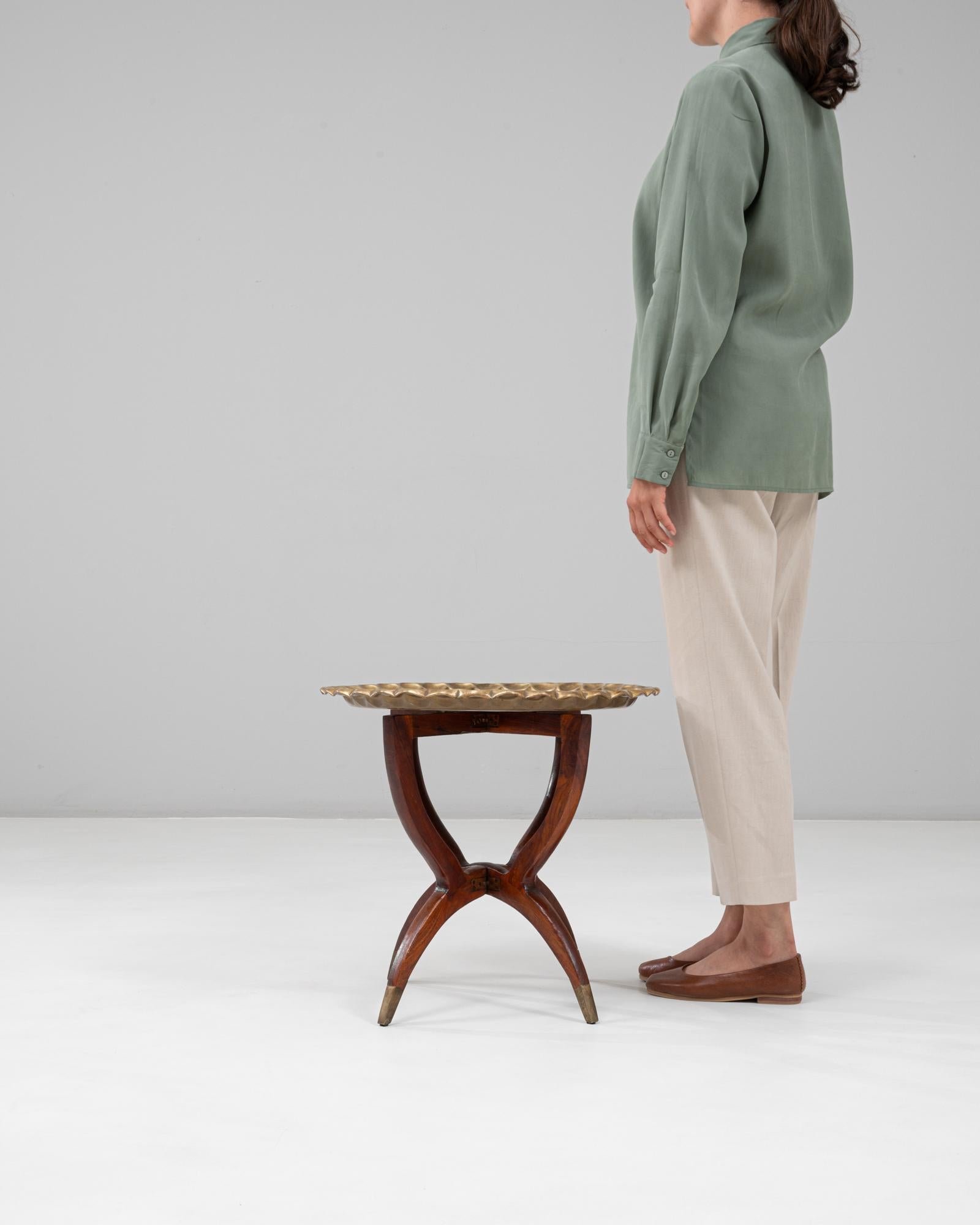 20th Century 1970s Moroccan Mid-Century Walnut Coffee Table With Spider Legs and Bronze Top For Sale
